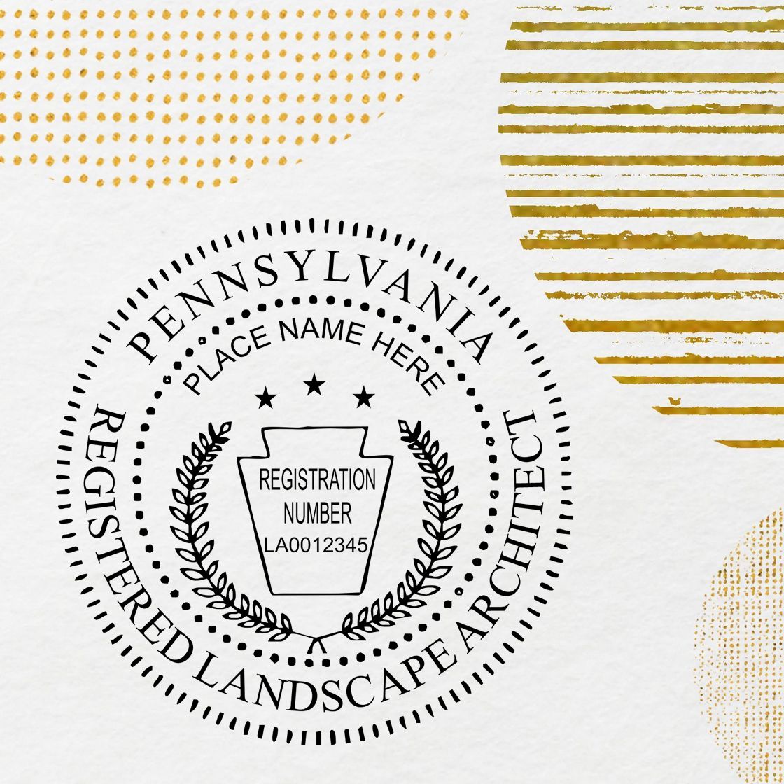 A lifestyle photo showing a stamped image of the Digital Pennsylvania Landscape Architect Stamp on a piece of paper