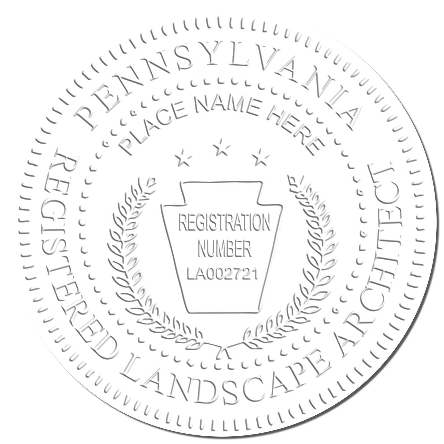 This paper is stamped with a sample imprint of the Pennsylvania Long Reach Landscape Architect Embossing Stamp, signifying its quality and reliability.