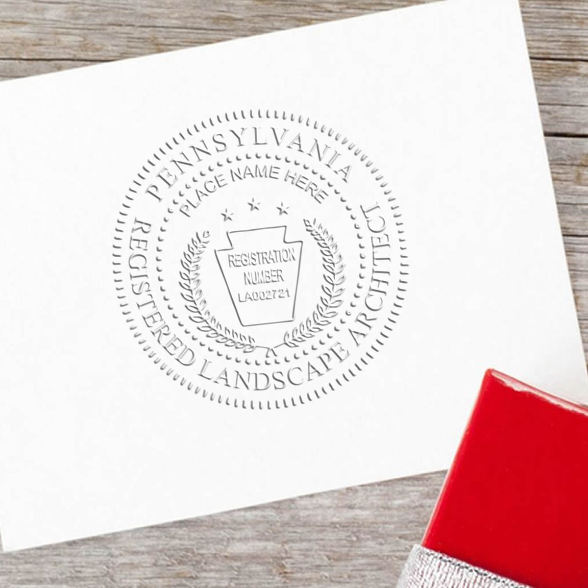 The Gift Pennsylvania Landscape Architect Seal stamp impression comes to life with a crisp, detailed image stamped on paper - showcasing true professional quality.
