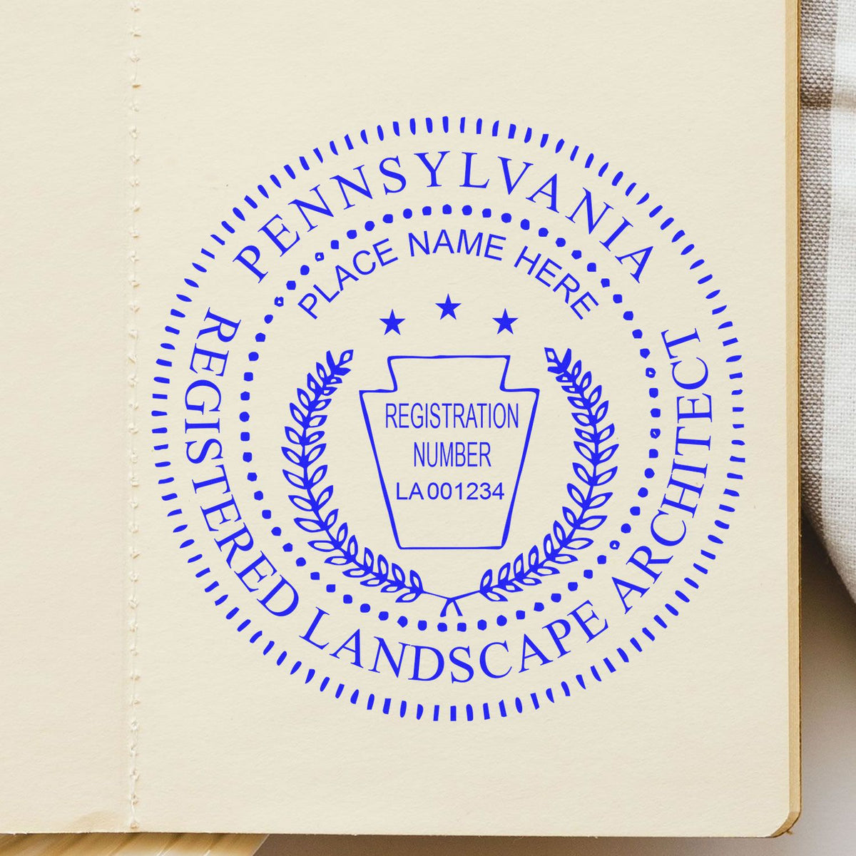 The Slim Pre-Inked Pennsylvania Landscape Architect Seal Stamp stamp impression comes to life with a crisp, detailed photo on paper - showcasing true professional quality.