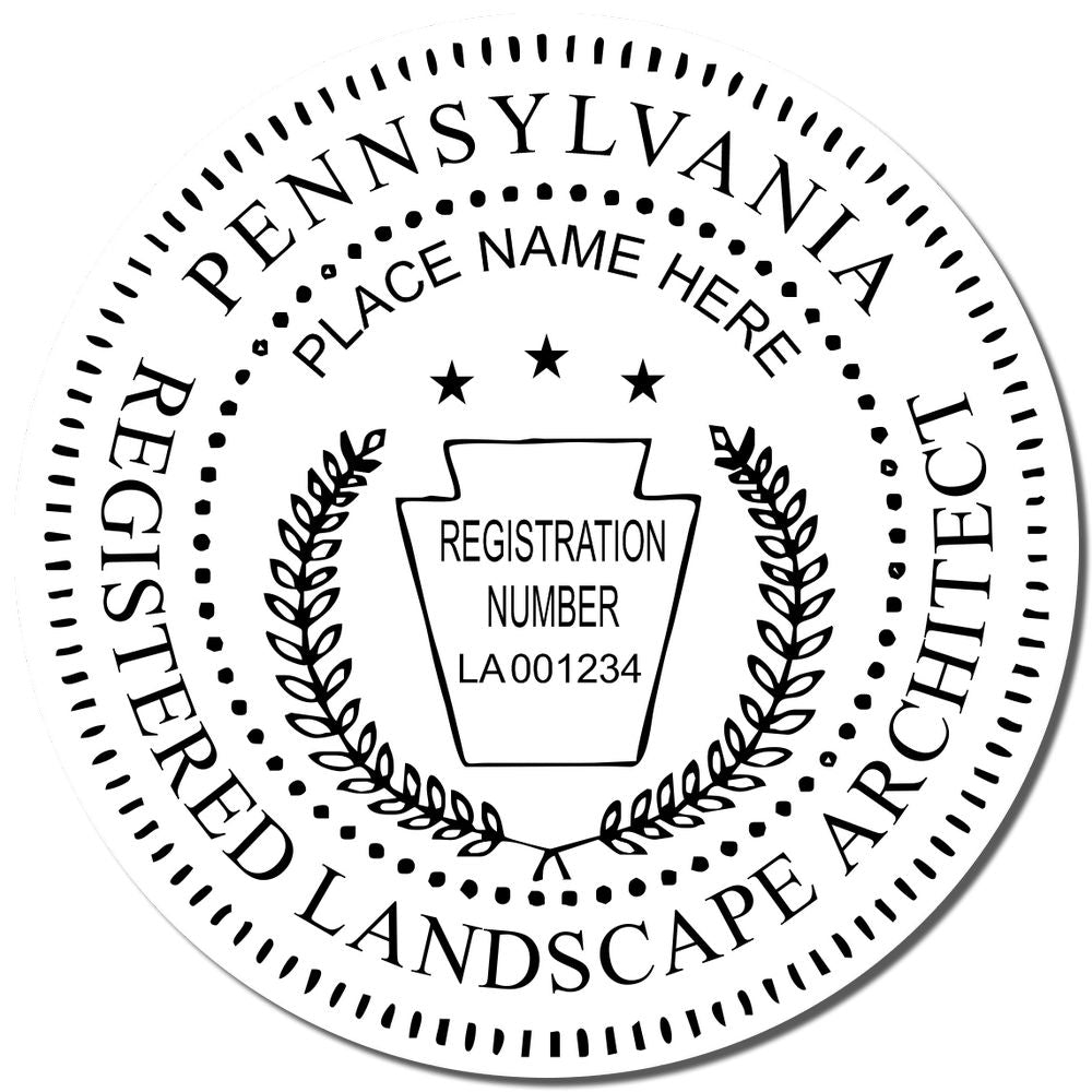 A lifestyle photo showing a stamped image of the Slim Pre-Inked Pennsylvania Landscape Architect Seal Stamp on a piece of paper