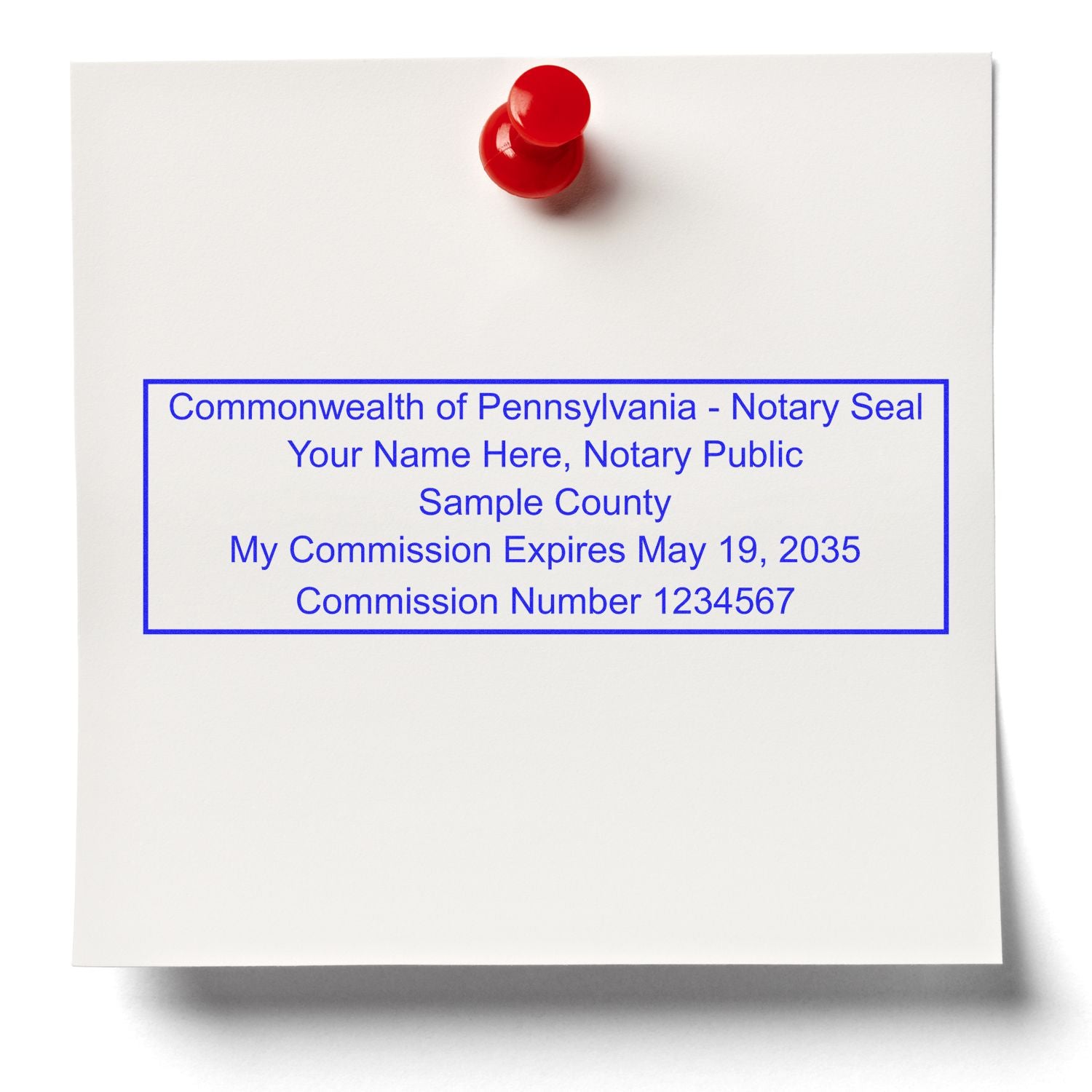 A lifestyle photo showing a stamped image of the Pennsylvania Rectangular Digital Notary Seal on a piece of paper