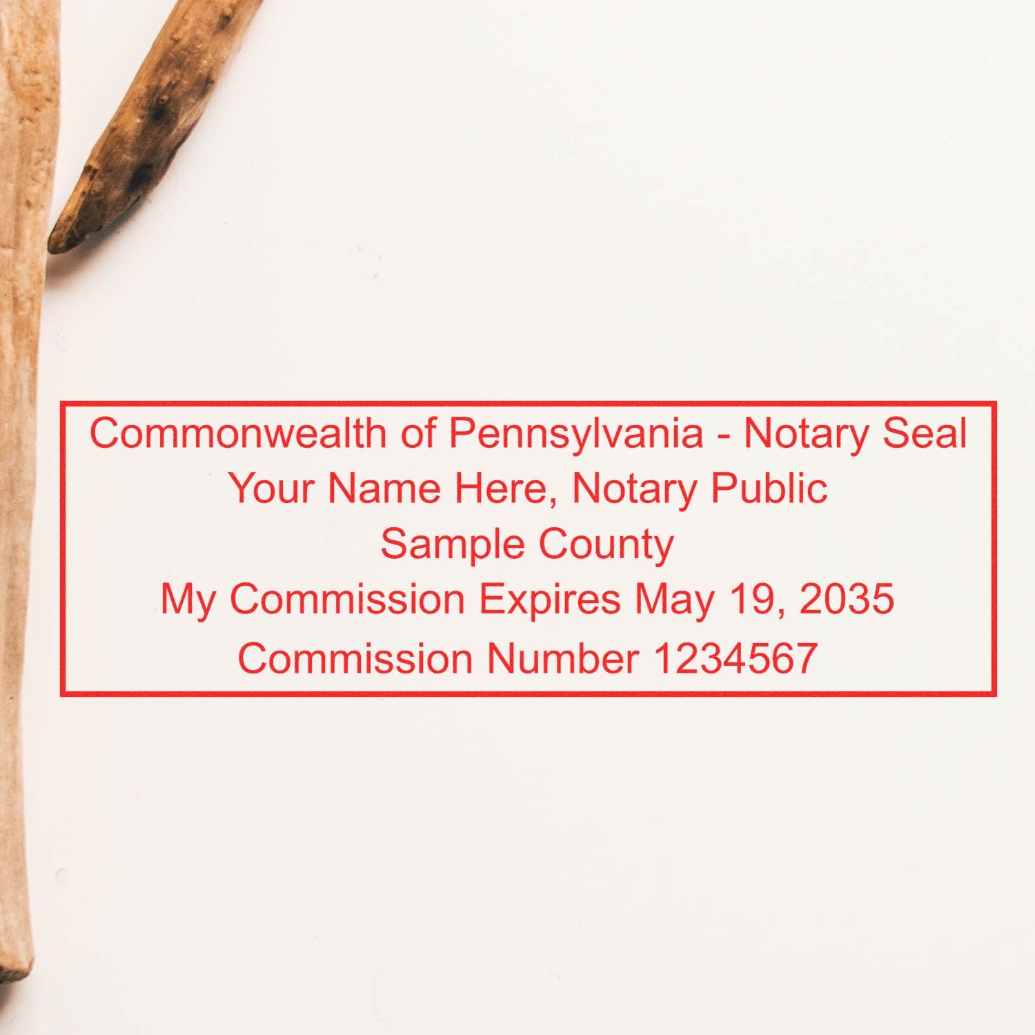 A photograph of the Pennsylvania Rectangular Digital Notary Seal stamp impression reveals a vivid, professional image of the on paper.