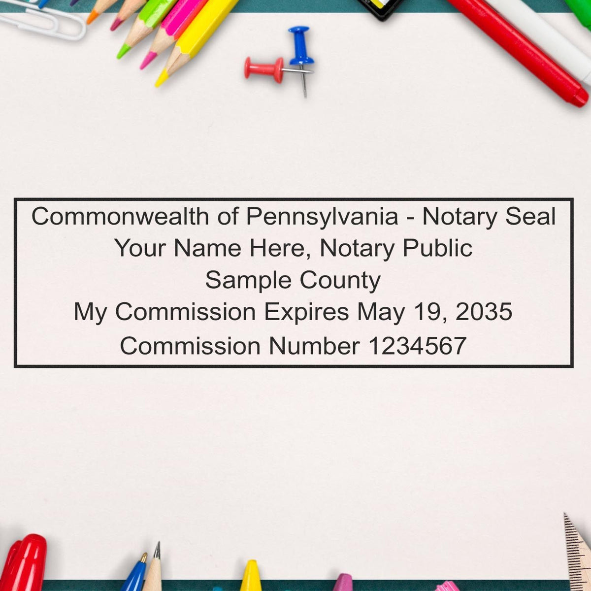 A photograph of the Wooden Handle Pennsylvania Rectangular Notary Public Stamp stamp impression reveals a vivid, professional image of the on paper.