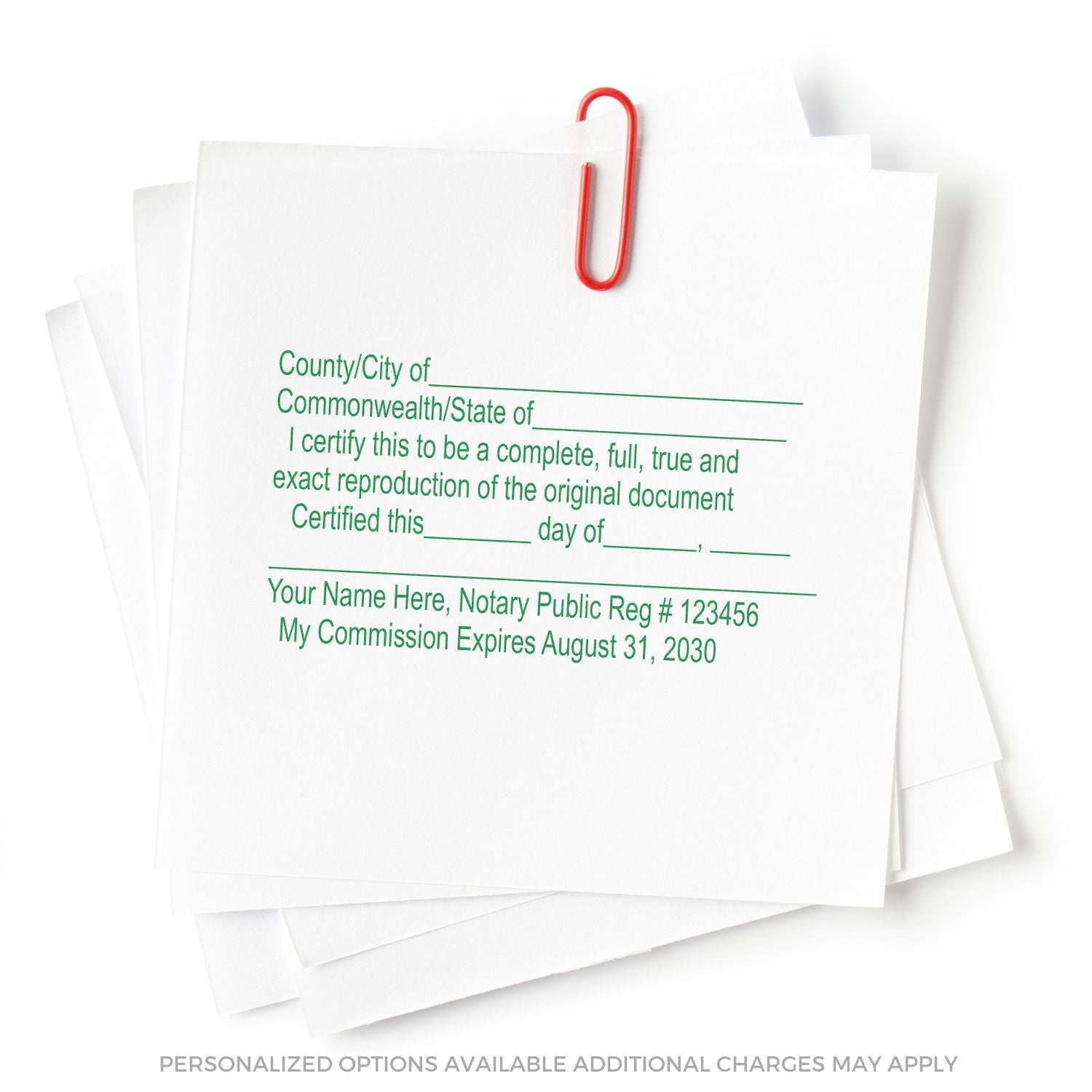 A stack of papers with a red paperclip, stamped with a Regular Notary Certified Copy Stamp, showing certification text and personalized details.