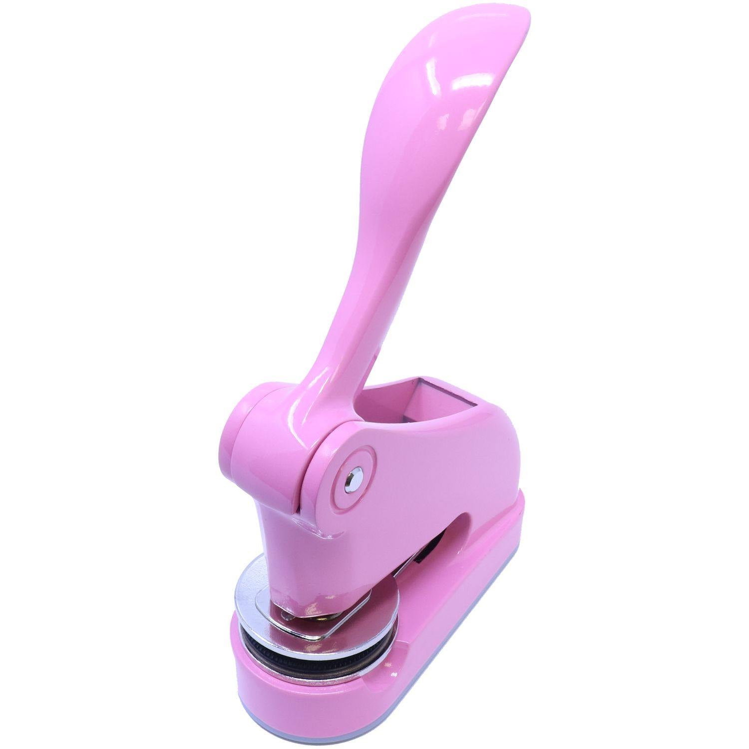 Real Estate Appraiser Pink Gift Embosser with a sleek, ergonomic handle and a 1-5/8 imprint, shown in an angled front view.