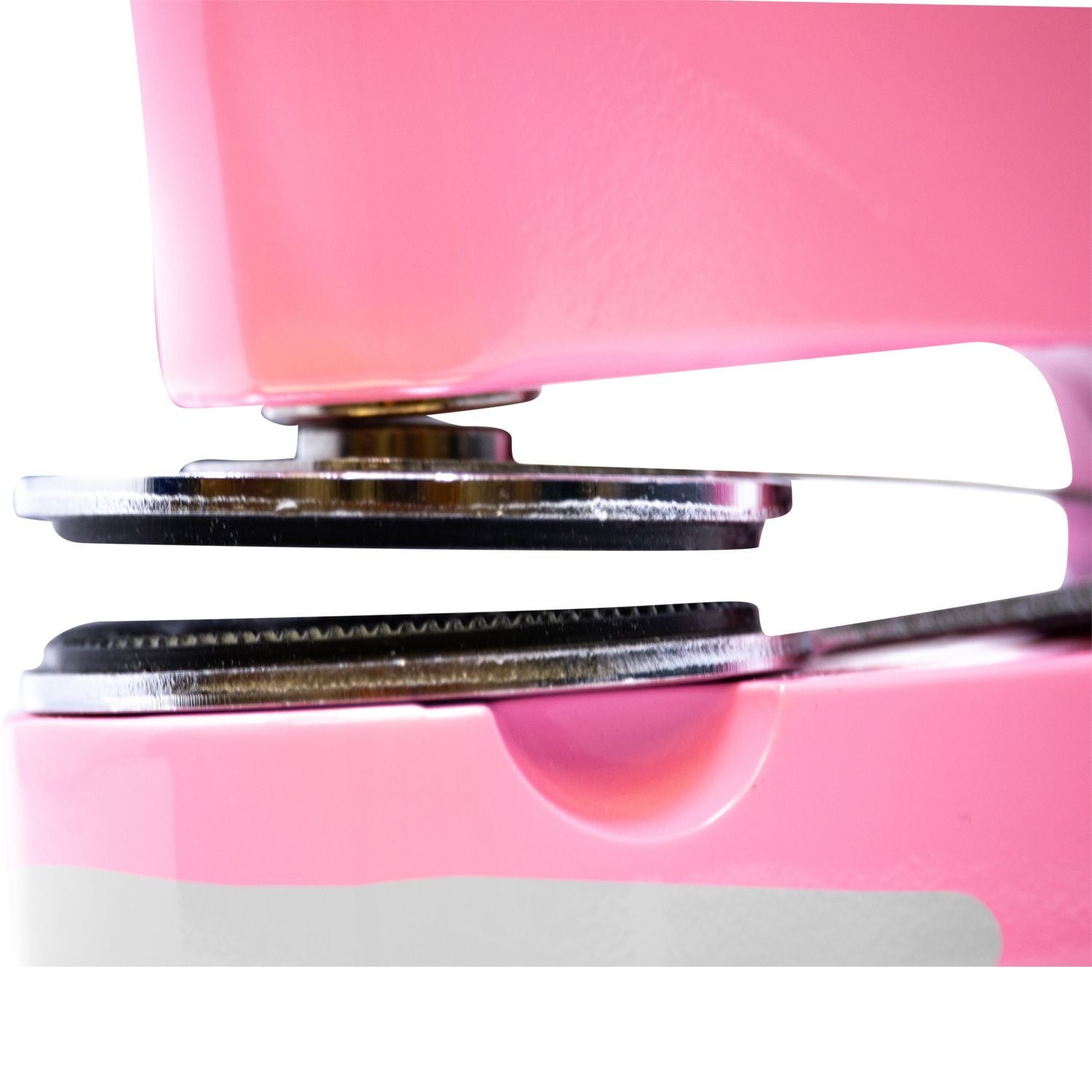 Close-up side view of the Pink Gift Notary Embosser, showing the detailed imprint mechanism against a white background.