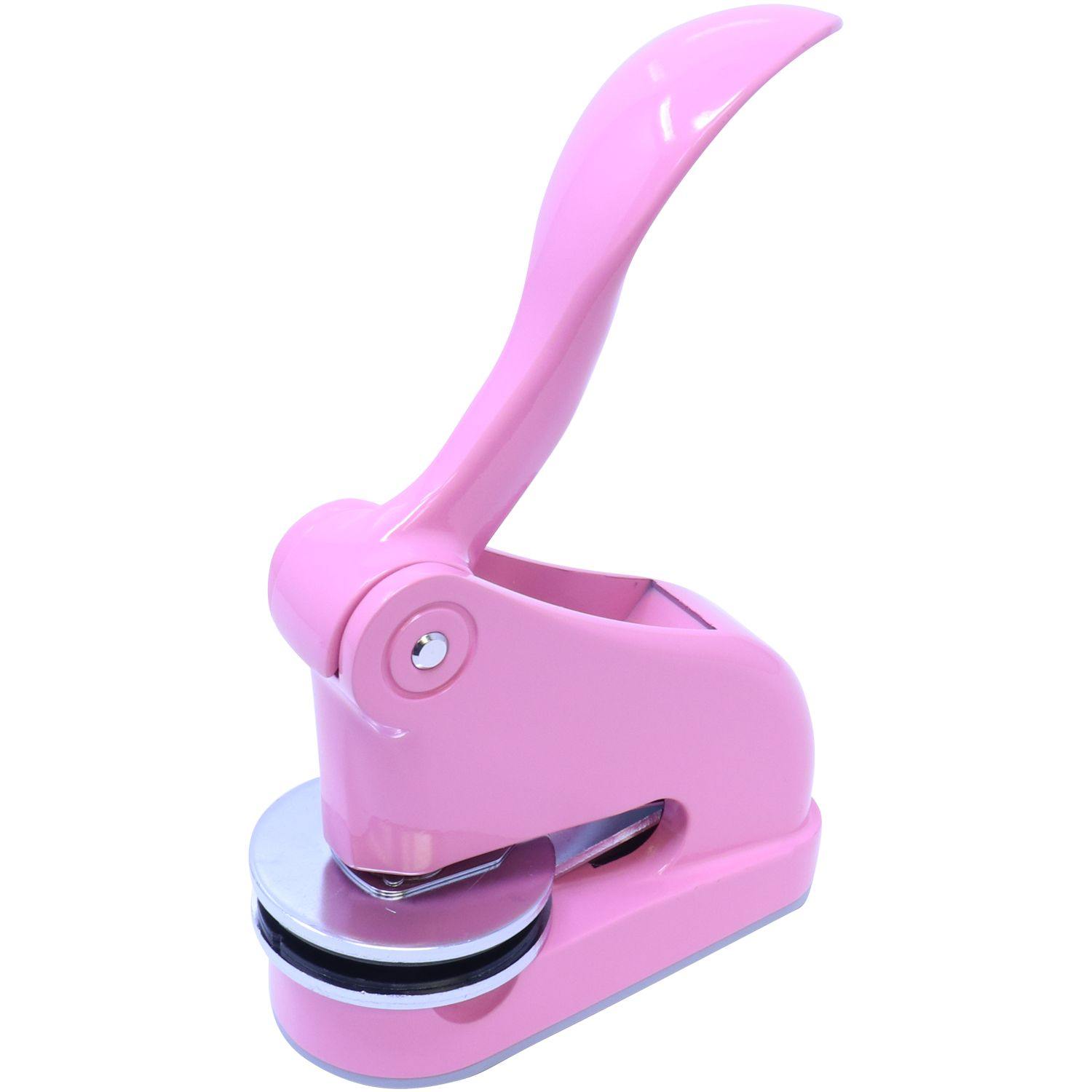 Pink embosser with a sleek design, labeled Interior Designer Pink Gift Embosser, featuring a 2-inch imprint and angled front-left view.