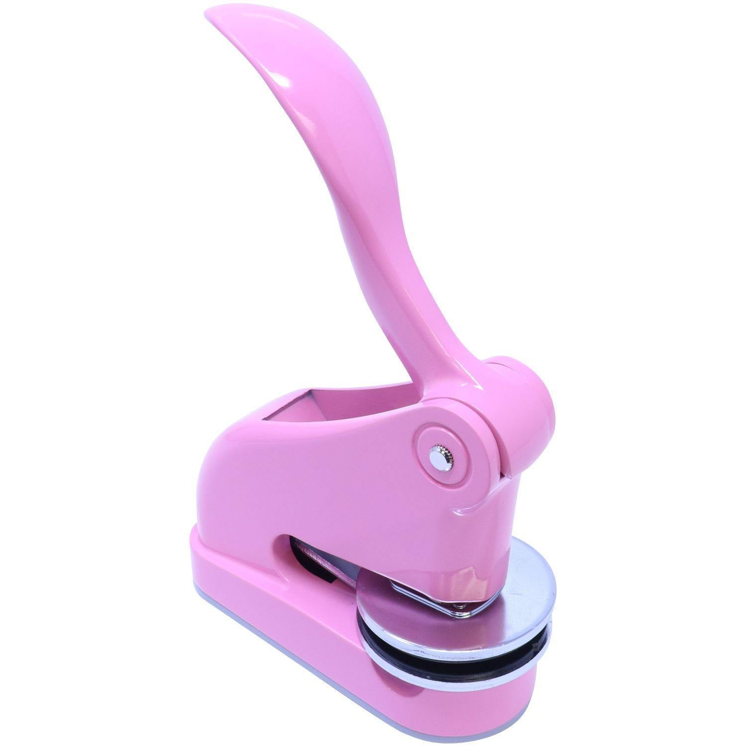 Pink embosser with a sleek design, labeled Interior Designer Pink Gift Embosser, featuring a 2-inch imprint, angled front-right view.