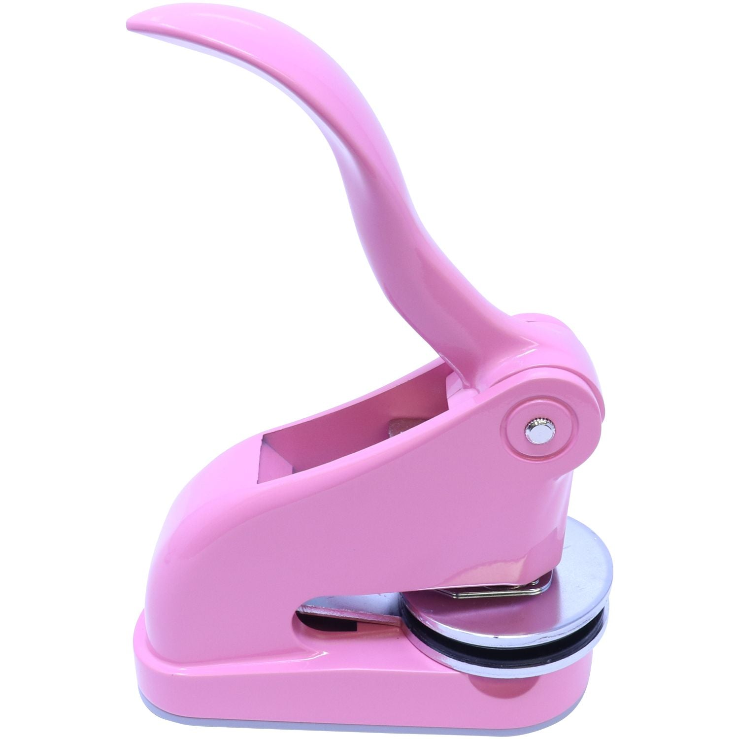 Professional Engineer Pink Gift Seal Embosser with a sleek, ergonomic design, shown in an angled side view. The embosser is pink with a metallic imprint area, ideal for professional use and gifting.