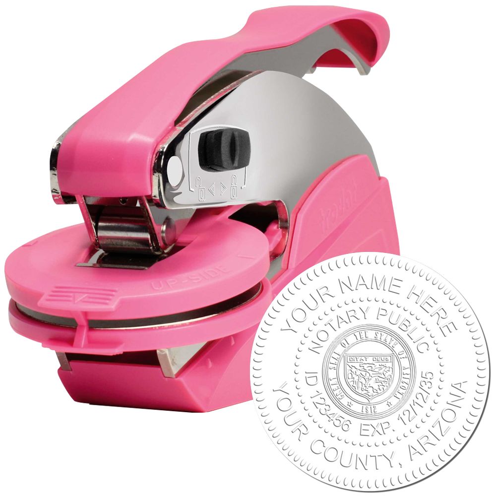 The main image for the Pink Hybrid Arizona Notary Embosser depicting a sample of the imprint and electronic files