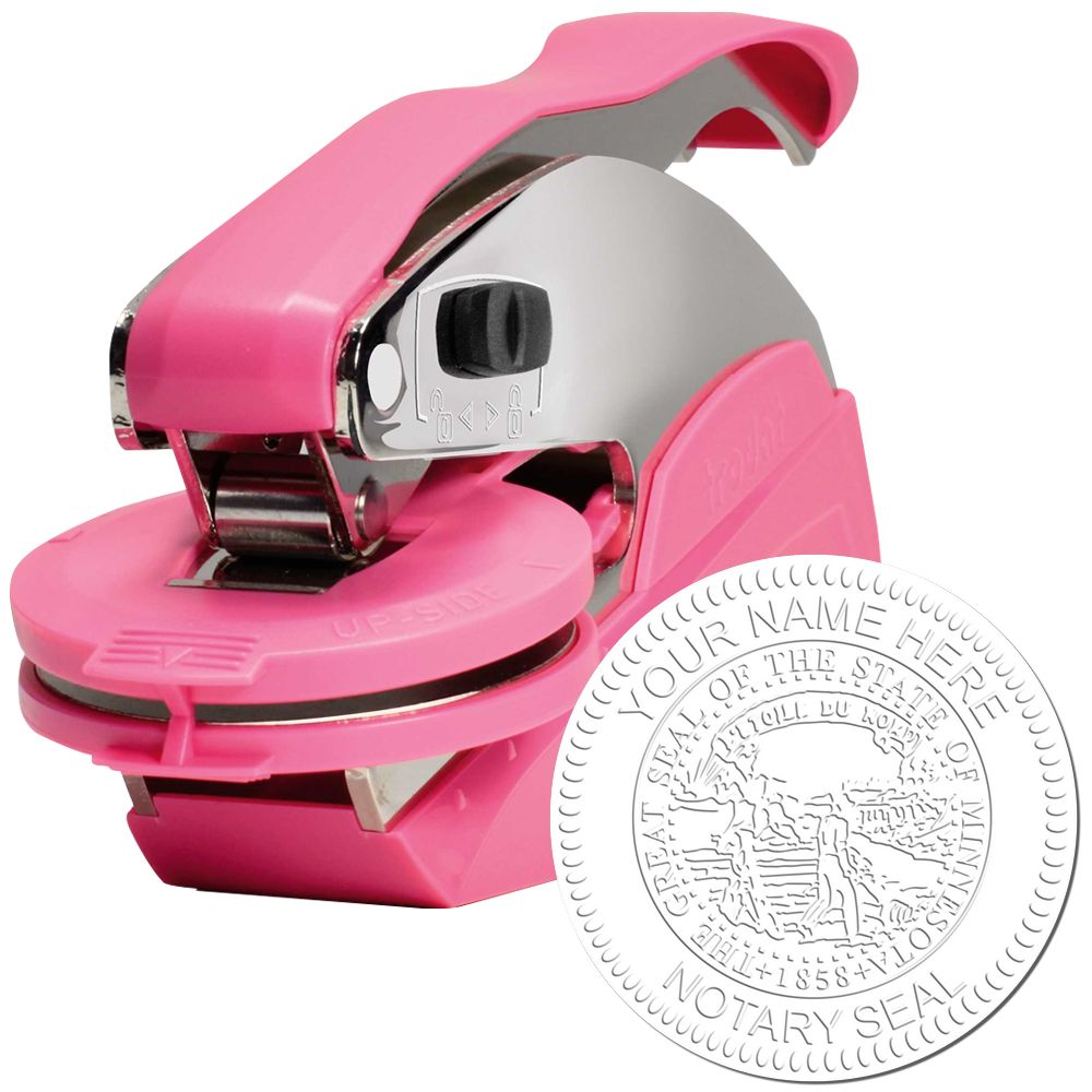 The main image for the Pink Hybrid Minnesota Notary Embosser depicting a sample of the imprint and electronic files