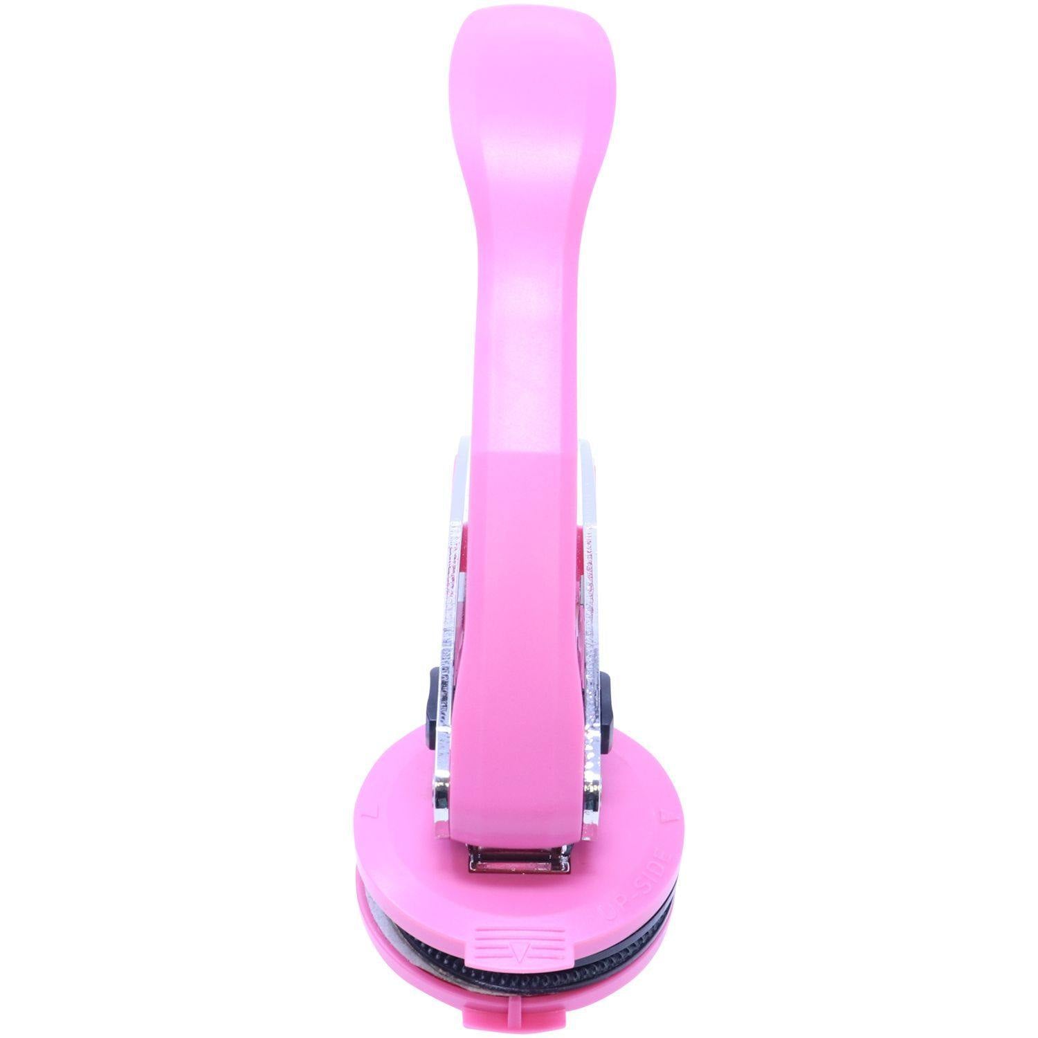 Forester Pink Hybrid Handheld Embosser with a pink handle and round base, front view, open position, isolated on a white background.