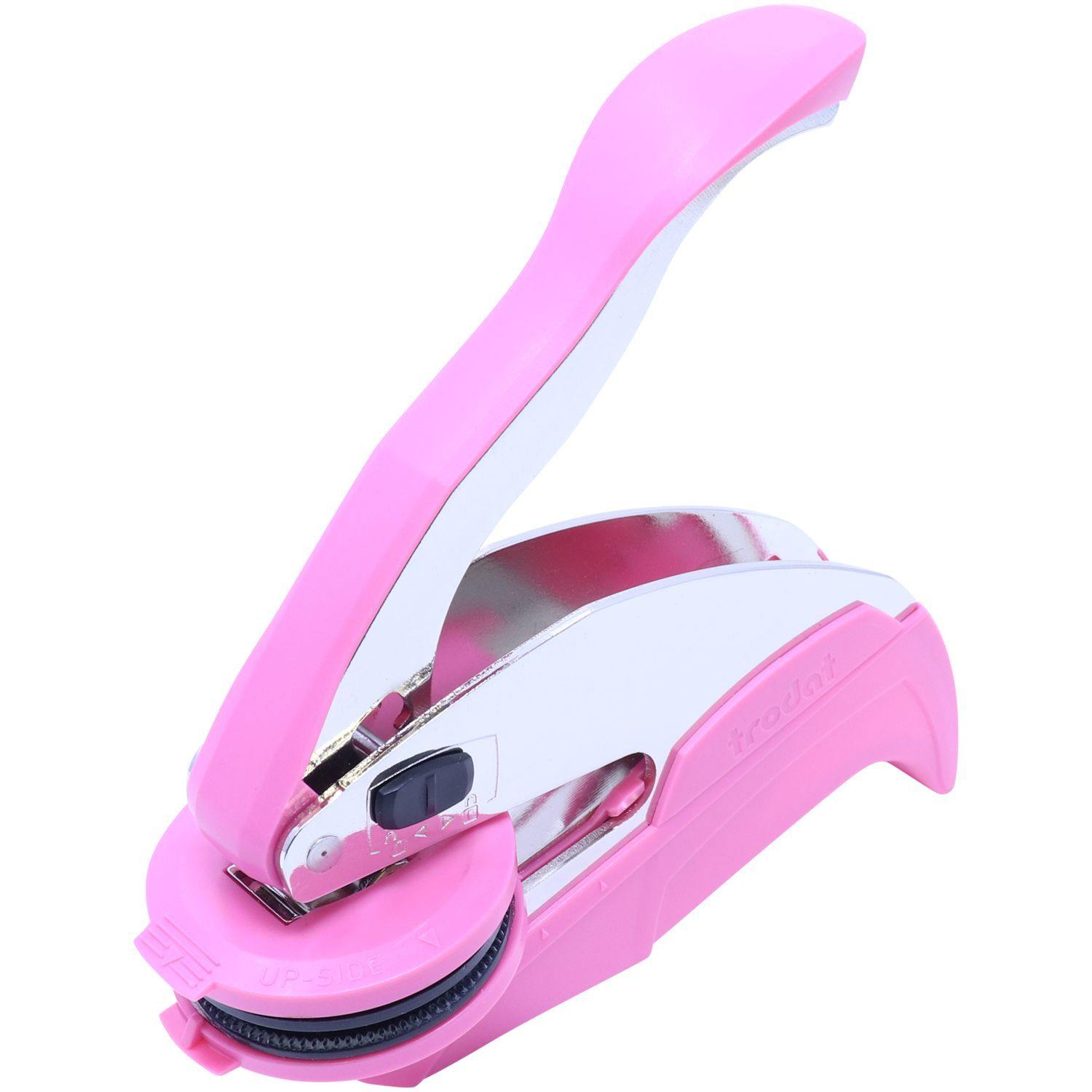 Public Weighmaster Pink Hybrid Handheld Embosser with a pink handle and round clip, shown in an open position on a white background.