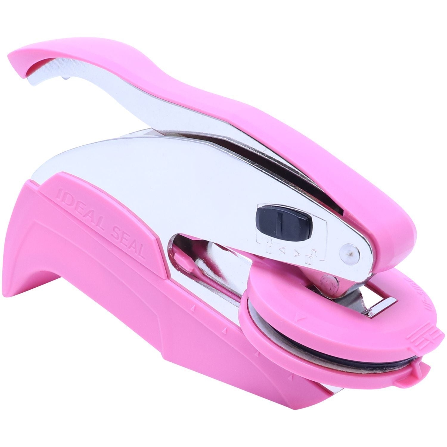 Pink Hybrid Notary Embosser with a sleek design, featuring a pink handle and base, and a metallic embossing mechanism.