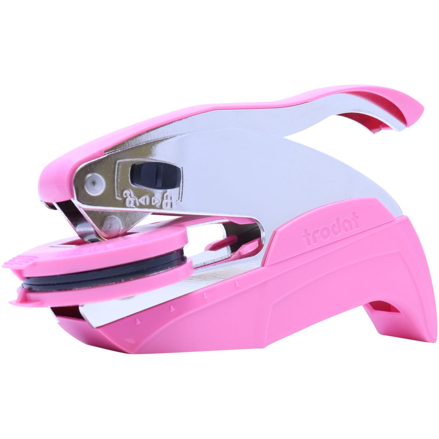 Public Weighmaster Pink Hybrid Handheld Embosser, angled side view, featuring a sleek pink design with a round clip and metallic accents.