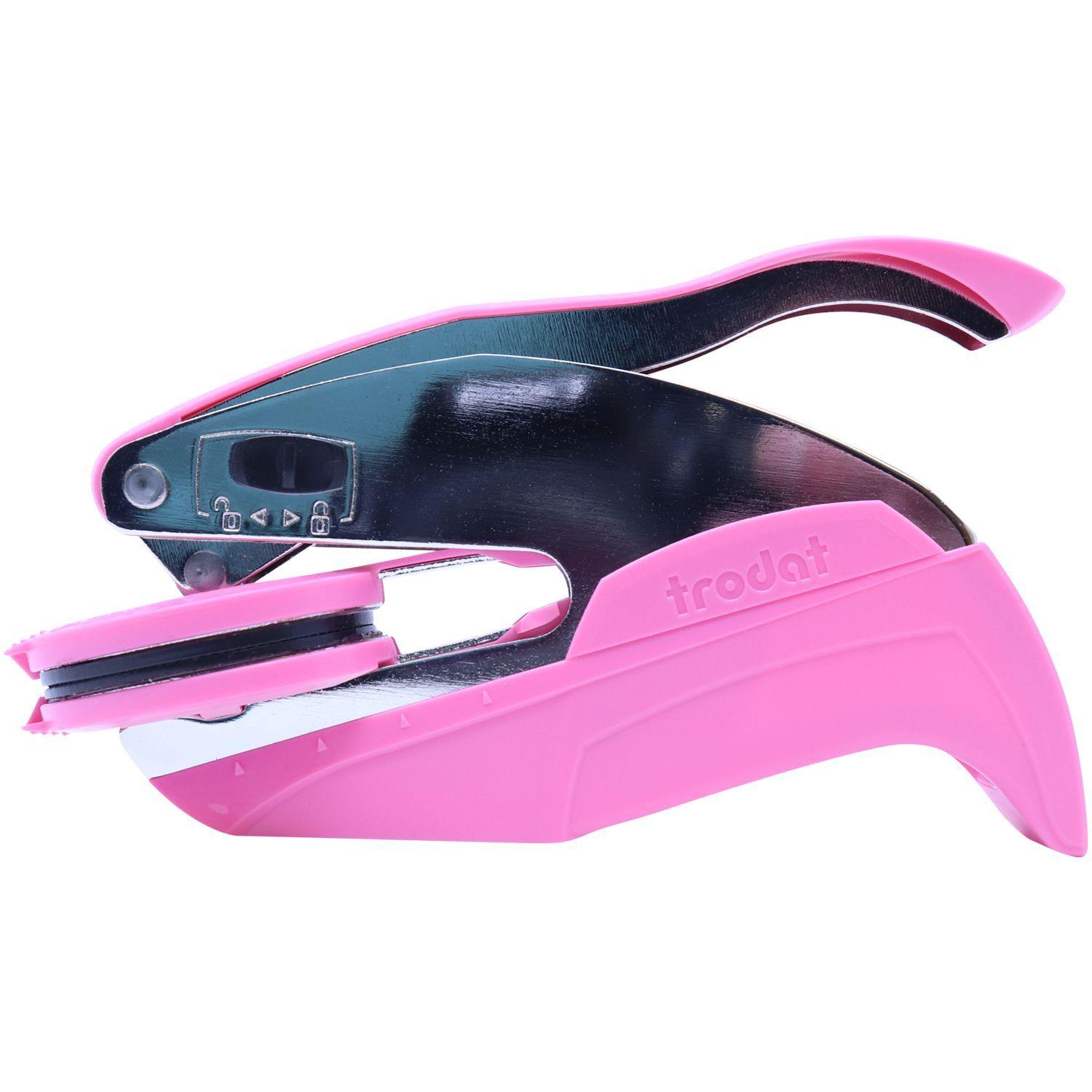 Geologist Pink Hybrid Handheld Embosser with a sleek design, featuring a pink body and black metal components, side view.