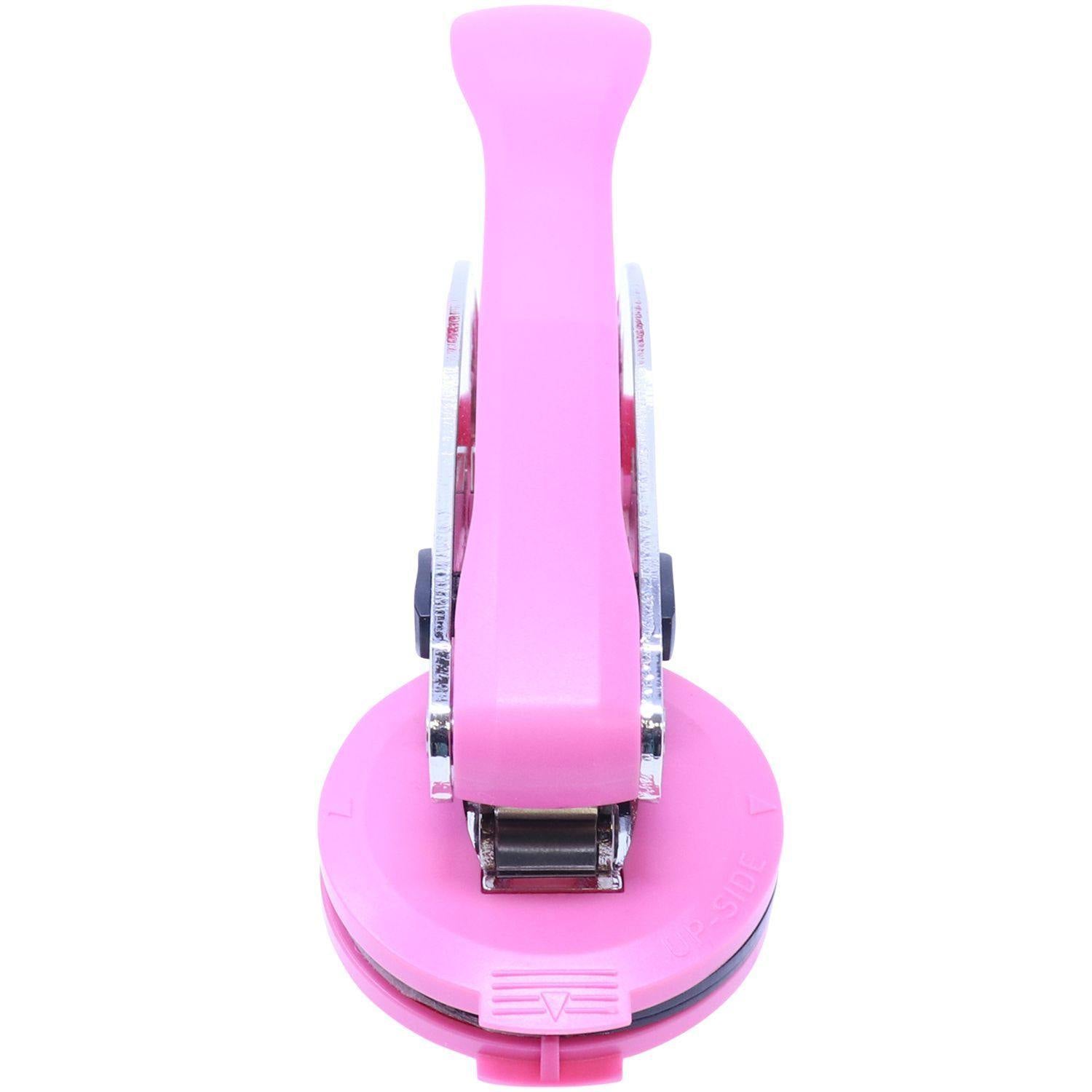 Professional Pink Hybrid Embosser with a pink handle and round base, shown from a top angle view against a white background.