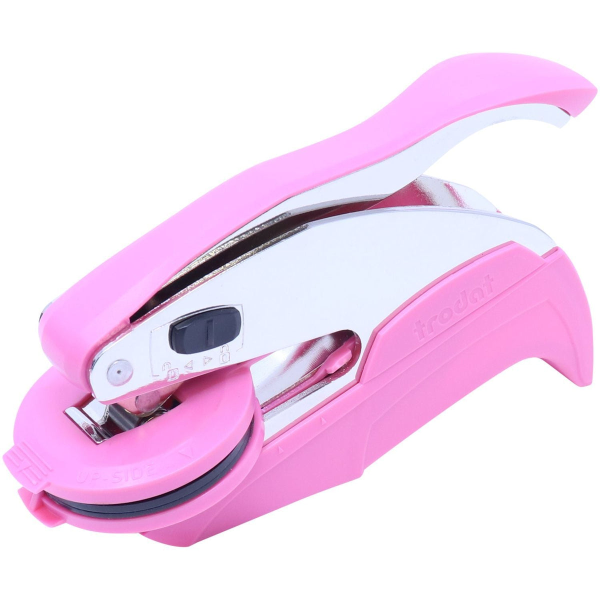 Notary Pink Hybrid Seal Embosser With Pink Round Clip Top Front Angle View