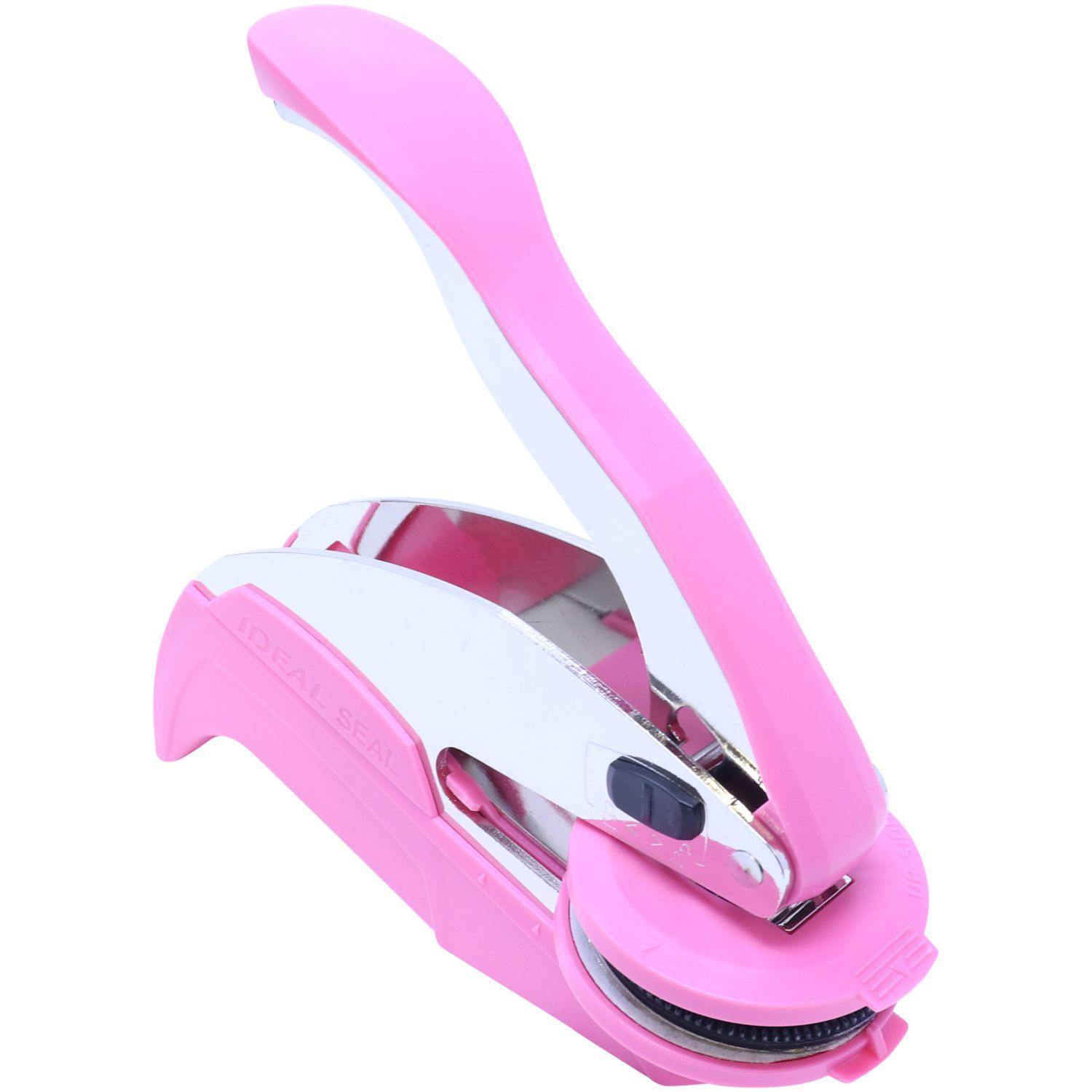 Geologist Pink Hybrid Handheld Embosser with a pink handle and round clip, shown from the front view on a white background.