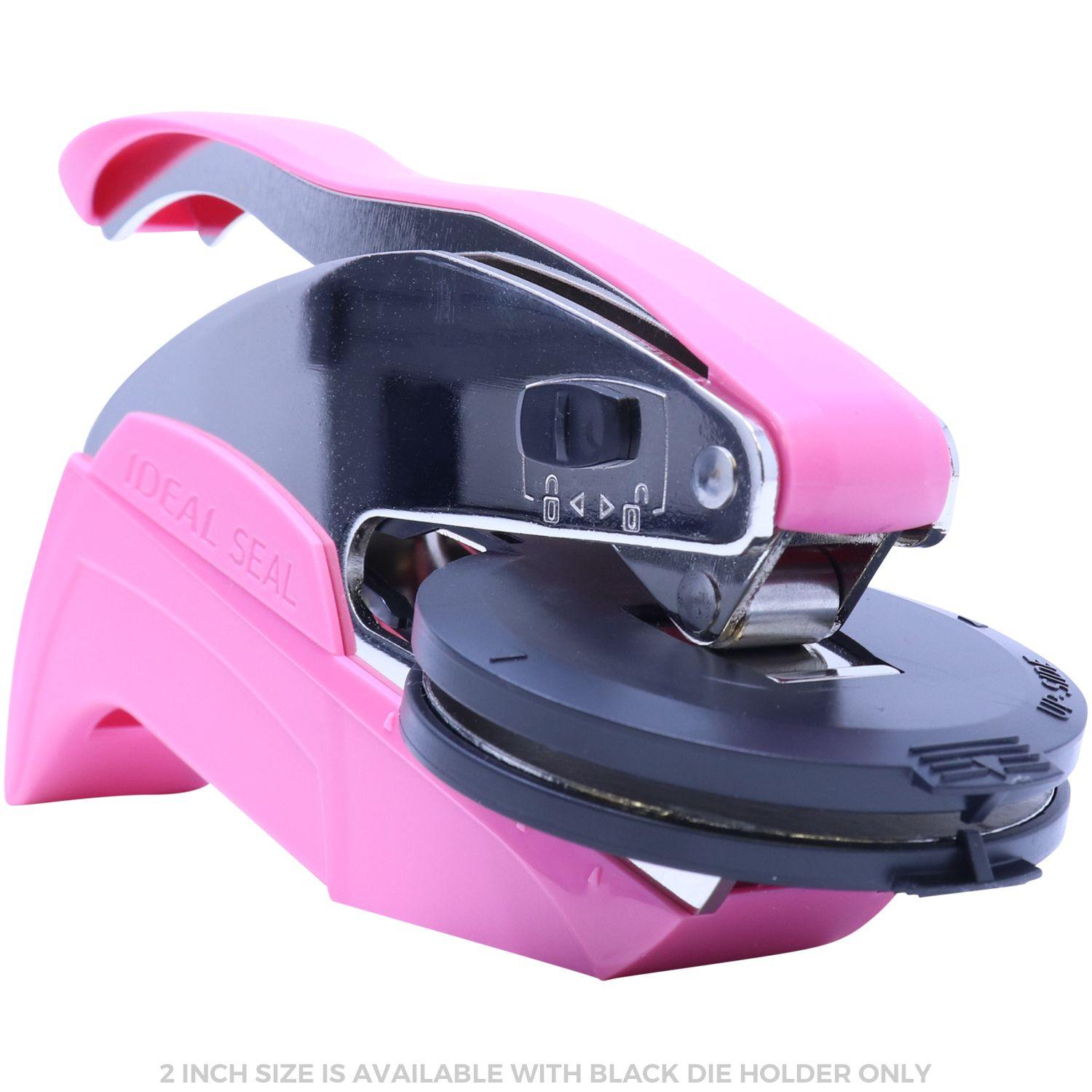 Public Weighmaster Pink Hybrid Handheld Embosser with a sleek design, black die holder, and ergonomic handle for easy use.