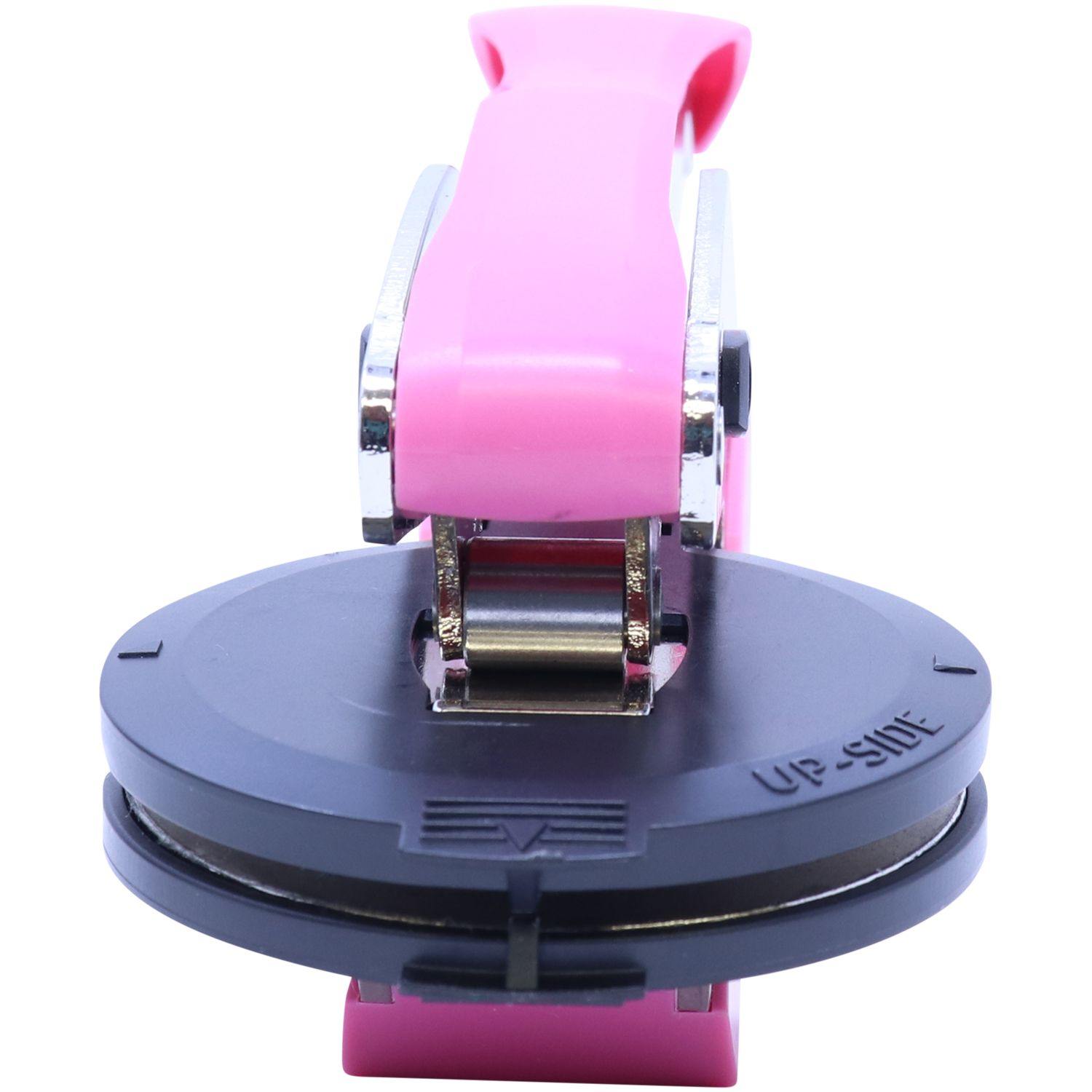 Geologist Pink Hybrid Handheld Embosser with a pink handle and black embosser plate, shown from the front view against a white background.