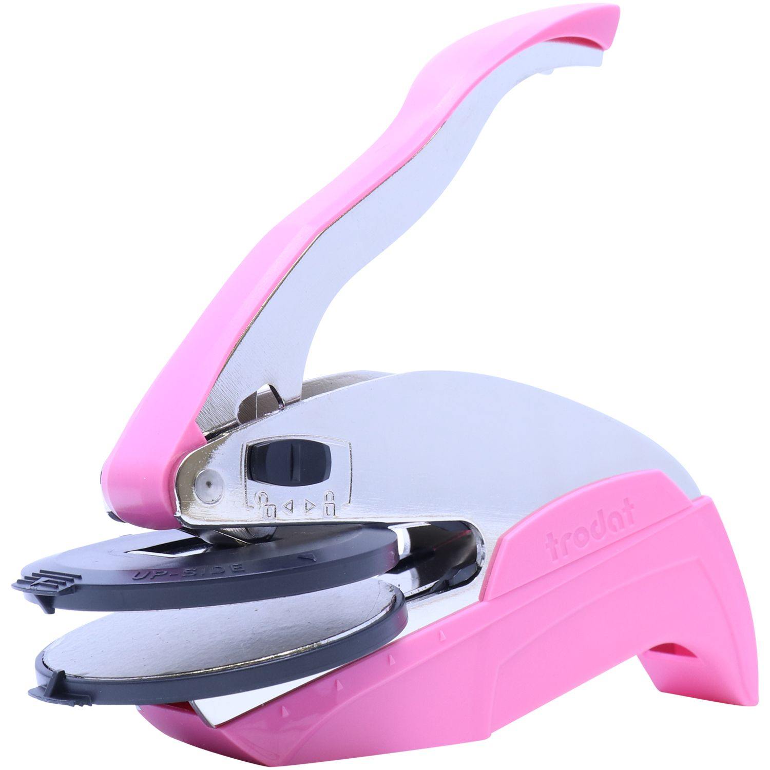 Interior Designer Pink Hybrid Handheld Embosser with a sleek pink handle and silver body, shown with the clip open, ready for use.