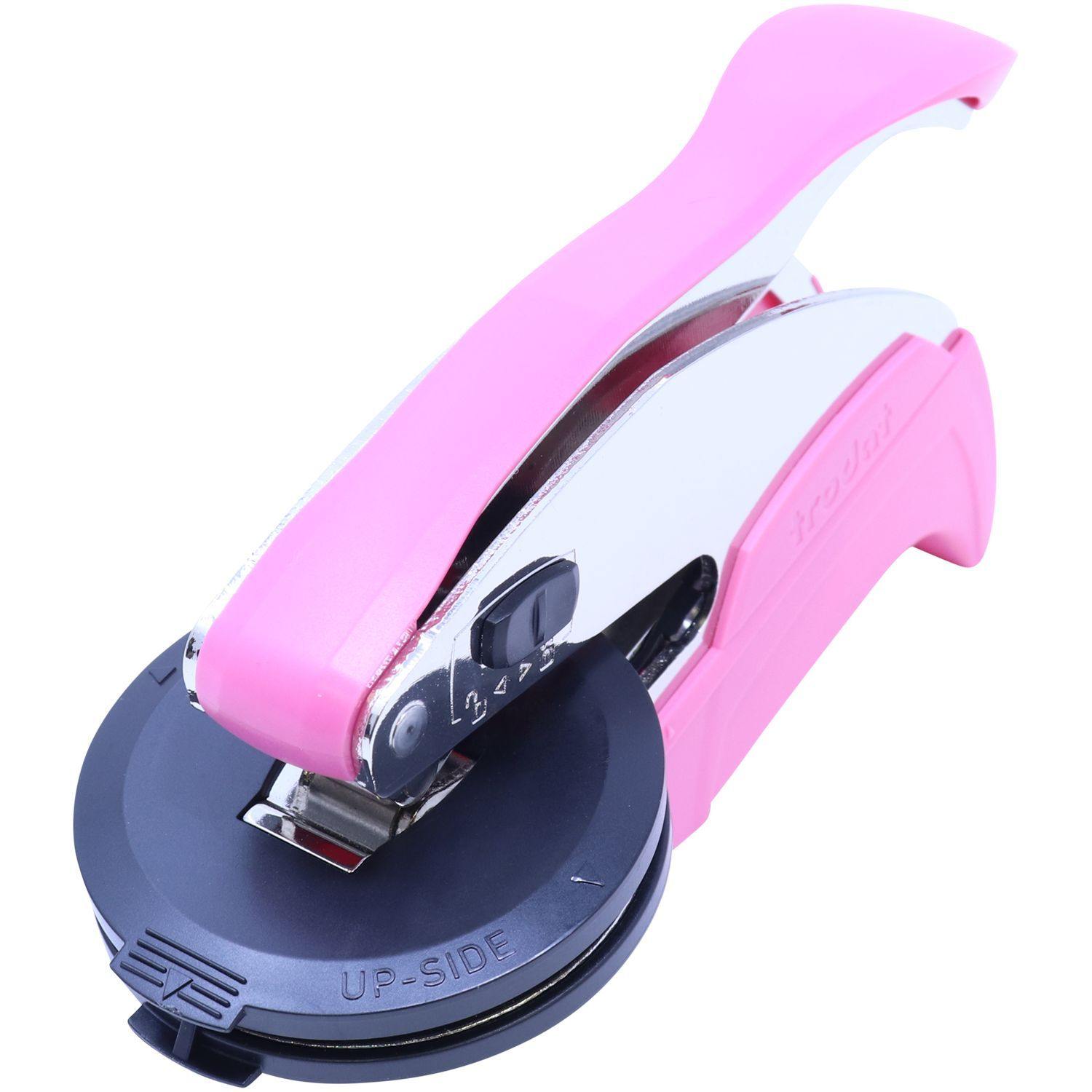 Geologist Pink Hybrid Handheld Embosser with a pink handle and black base, shown from a top angle view against a white background.