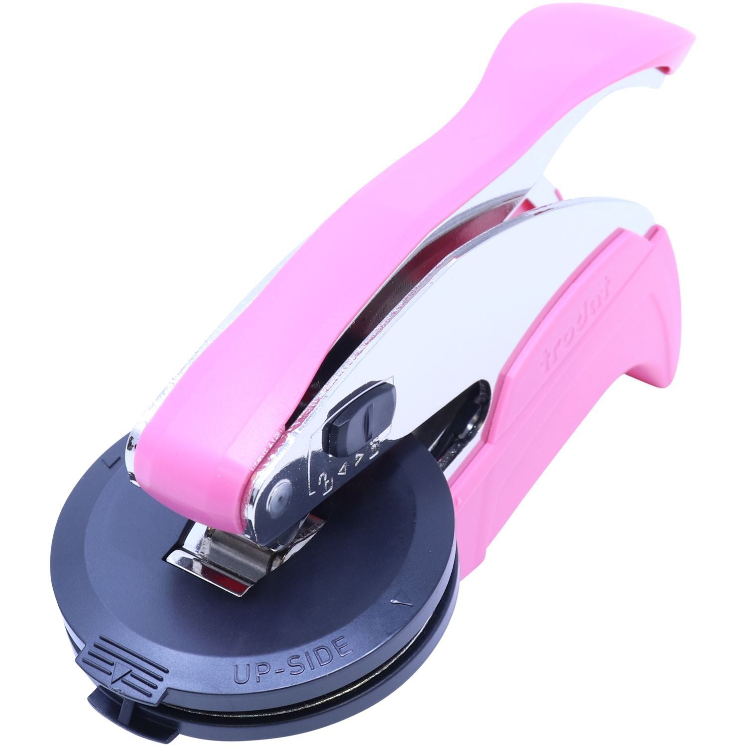 Professional Engineer Pink Hybrid Handheld Seal Embosser with a sleek pink handle, black circular base, and metal components, designed for creating embossed seals on documents.