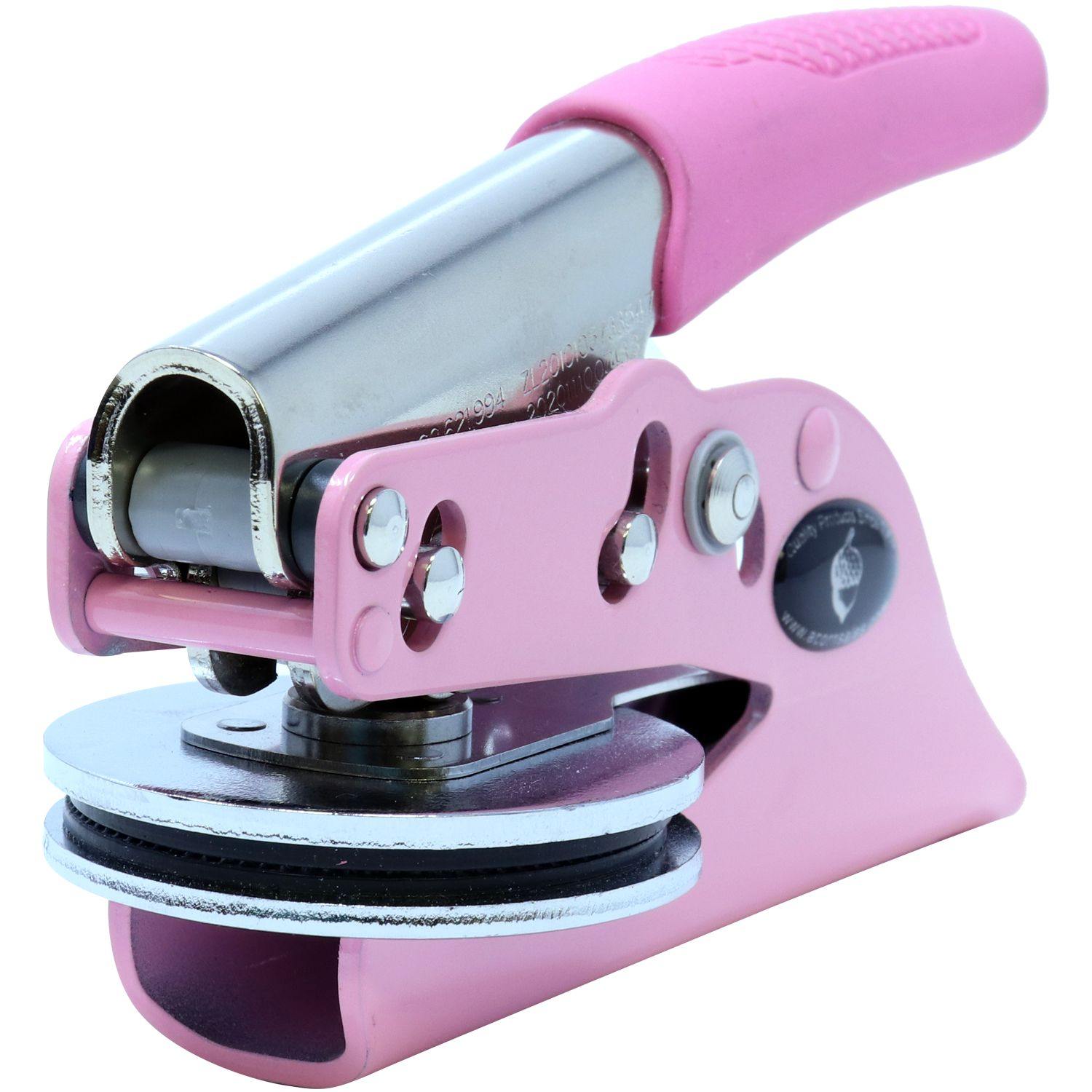 Professional Pink Seal Embosser with a pink handle and metallic components, shown in a close-up view against a white background.