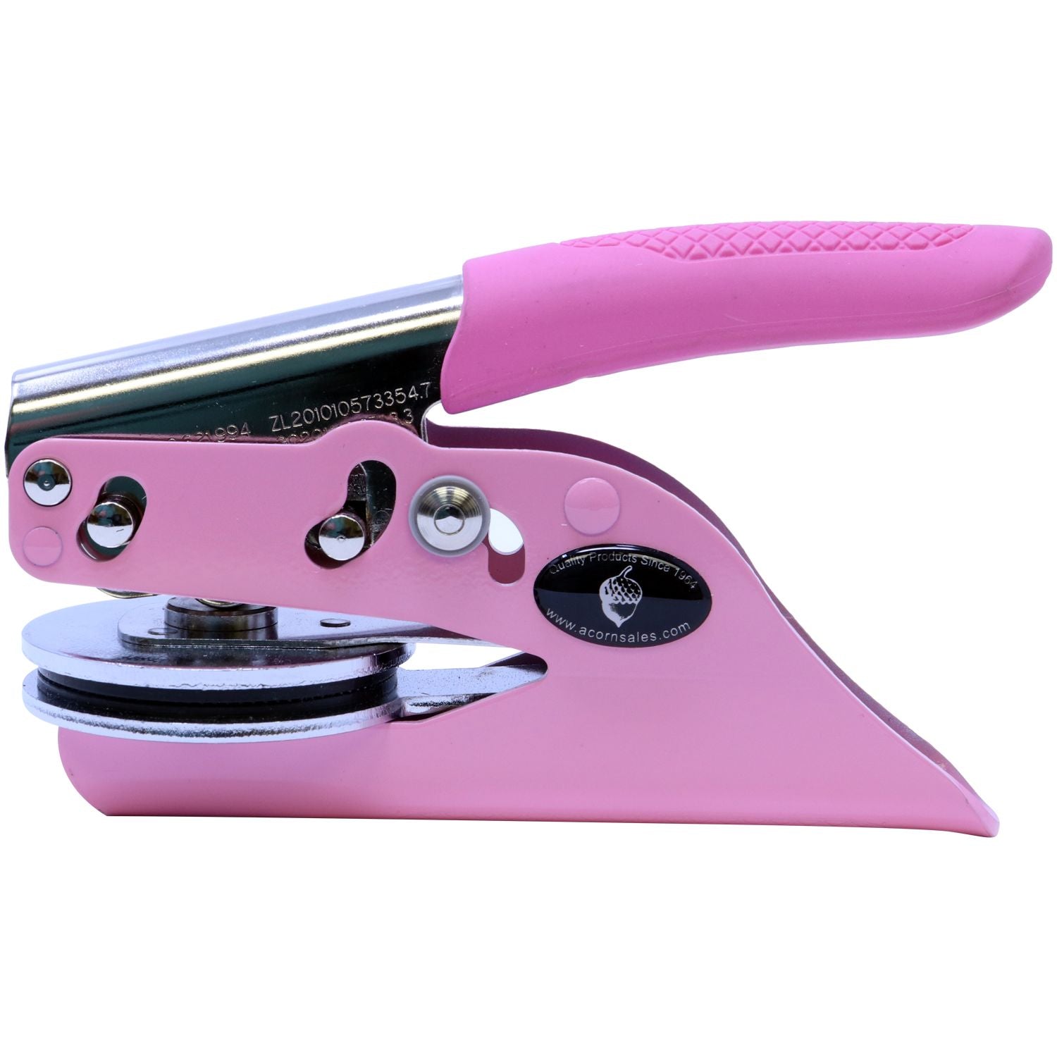 Pink Soft Handheld Notary Seal Embosser with a textured grip handle, side view showing the metal embossing mechanism and brand logo.