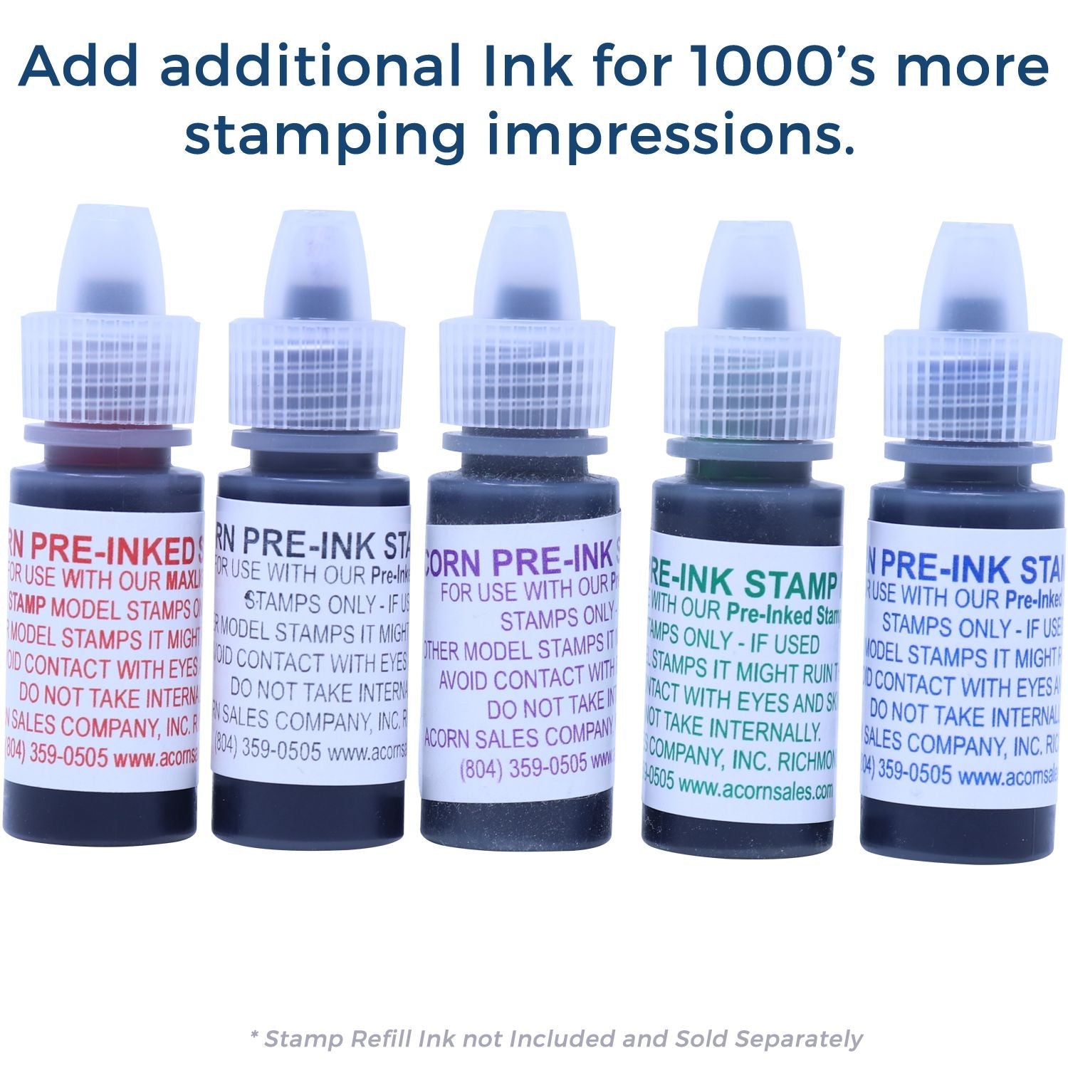 Five bottles of ink for the MaxLight XL2-495 Custom Pre-Inked Business Stamp 1-3/16 Diameter, with text promoting additional ink for more impressions.