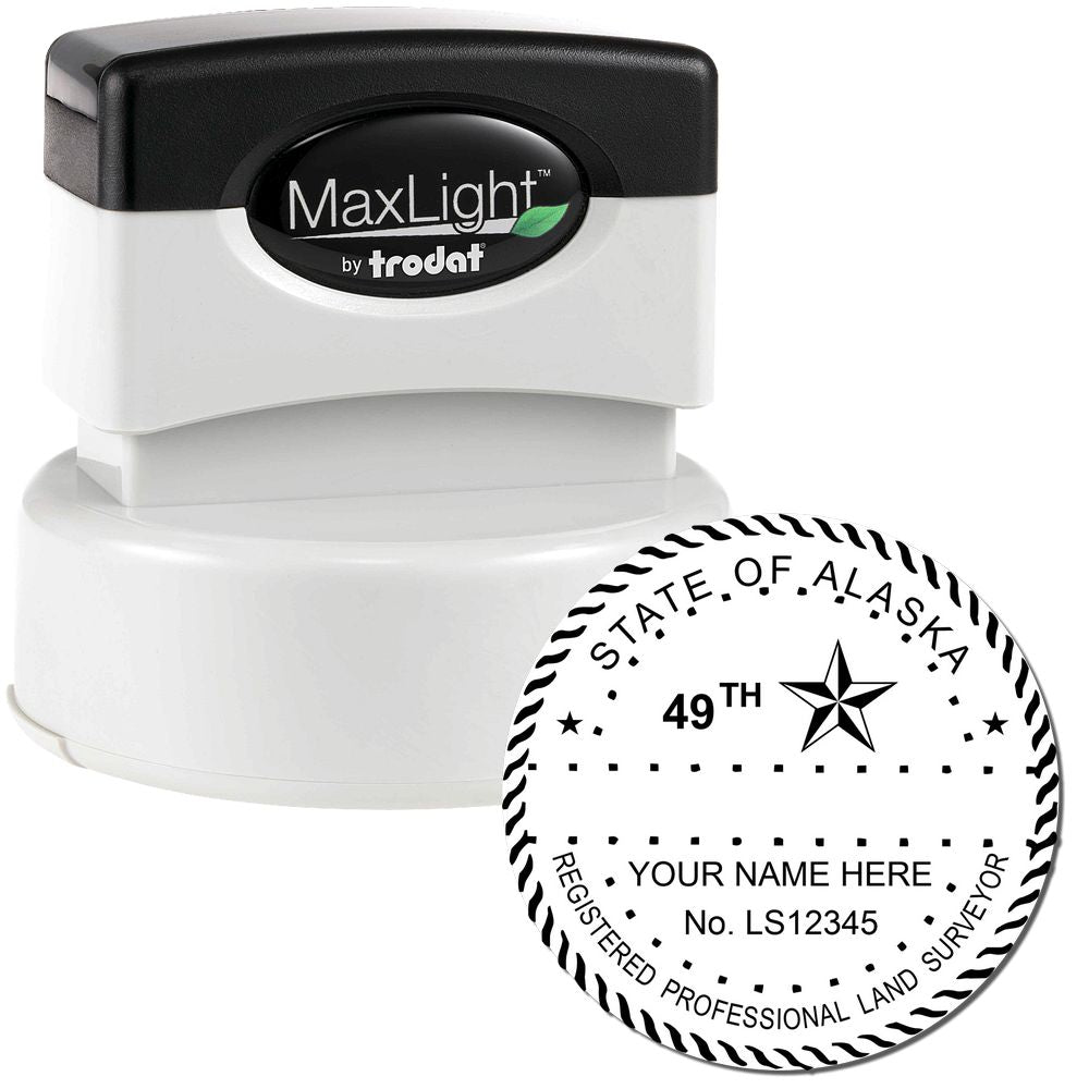 Premium MaxLight Pre-Inked Alaska Surveyors Stamp with a black and white design, featuring customizable text for professional land surveyors."