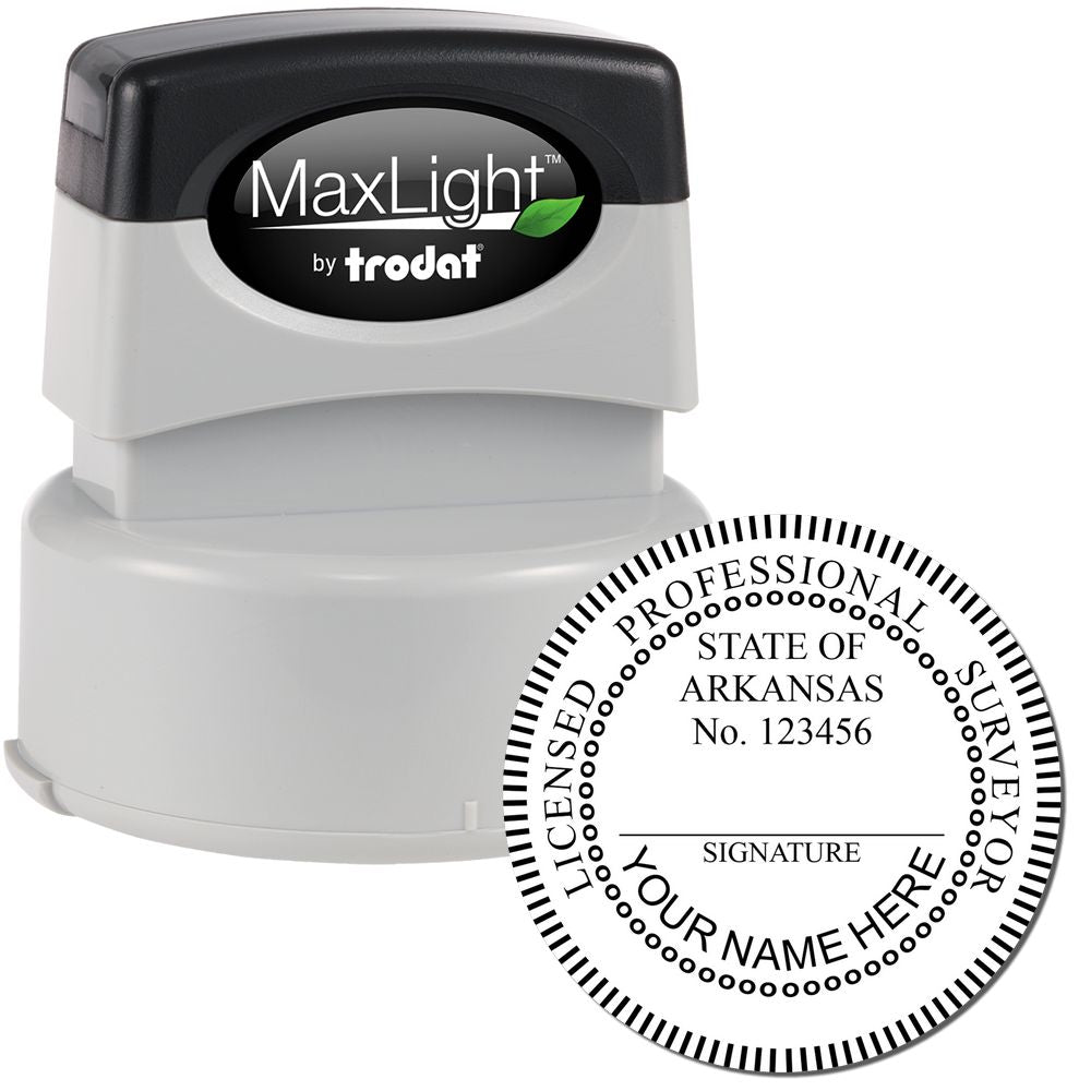 Premium MaxLight Pre-Inked Arkansas Surveyors Stamp with a round imprint showing "Licensed Professional Surveyor" and space for name and signature.