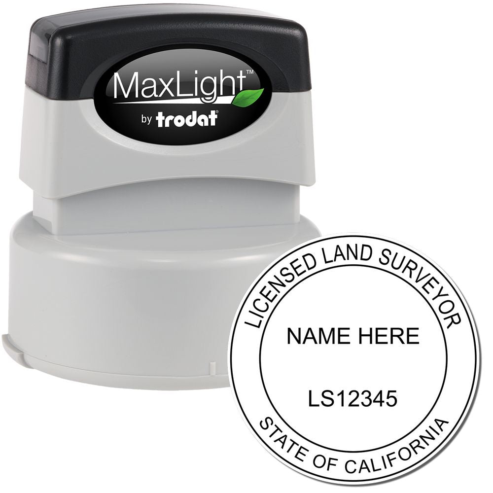 Premium MaxLight Pre-Inked California Surveyors Stamp with a black and gray design, showing a sample imprint for licensed land surveyors.