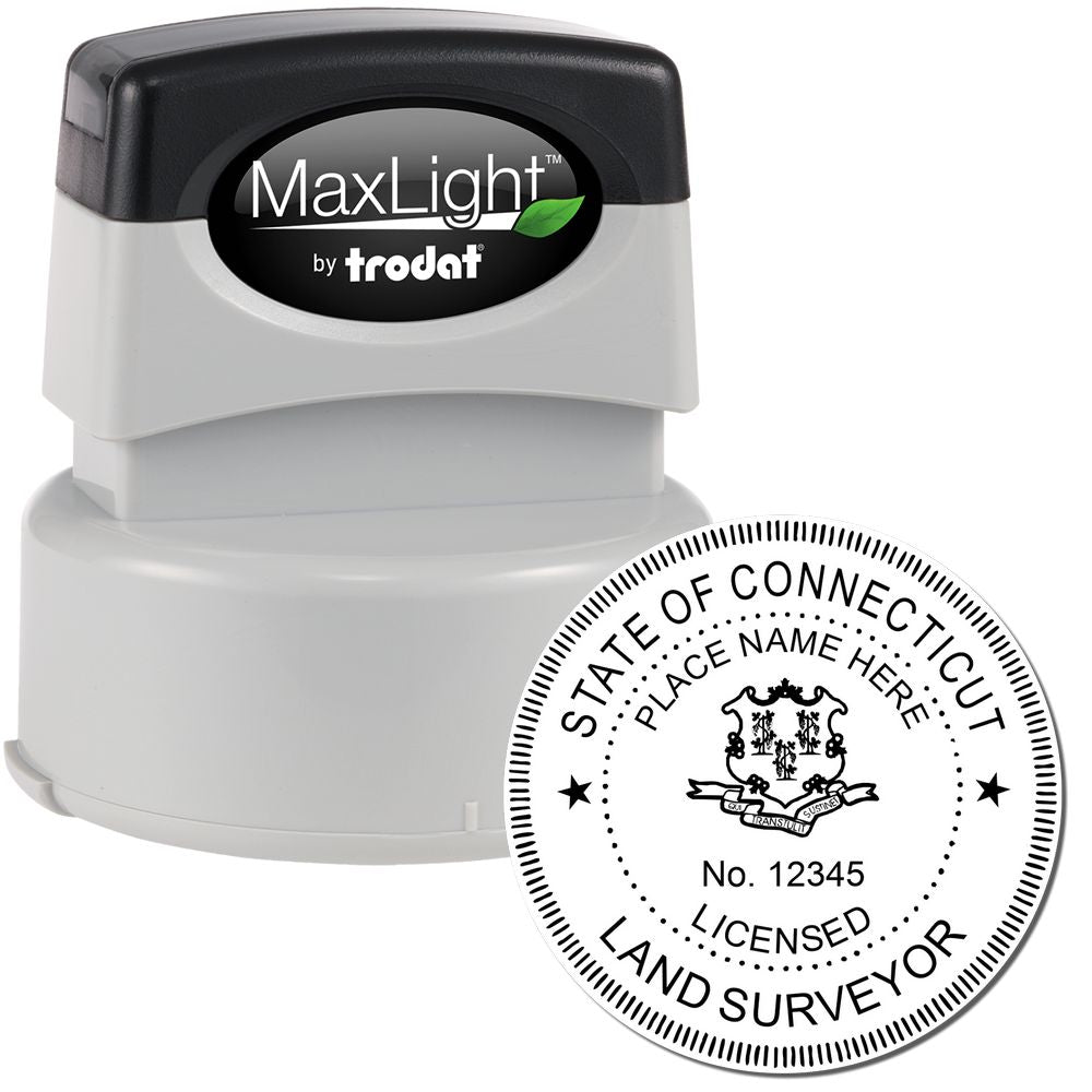 Premium MaxLight Pre-Inked Connecticut Surveyors Stamp with black handle and circular imprint displaying state seal and customizable text.