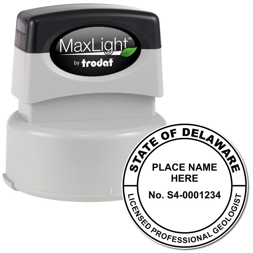 The main image for the Premium MaxLight Pre-Inked Delaware Geology Stamp depicting a sample of the imprint and imprint sample