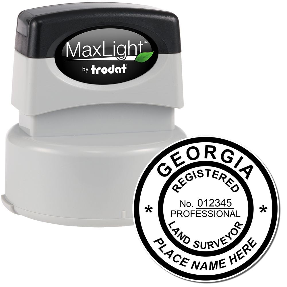 Premium MaxLight Pre-Inked Georgia Surveyors Stamp with a black and gray design, featuring customizable text for registered land surveyors.