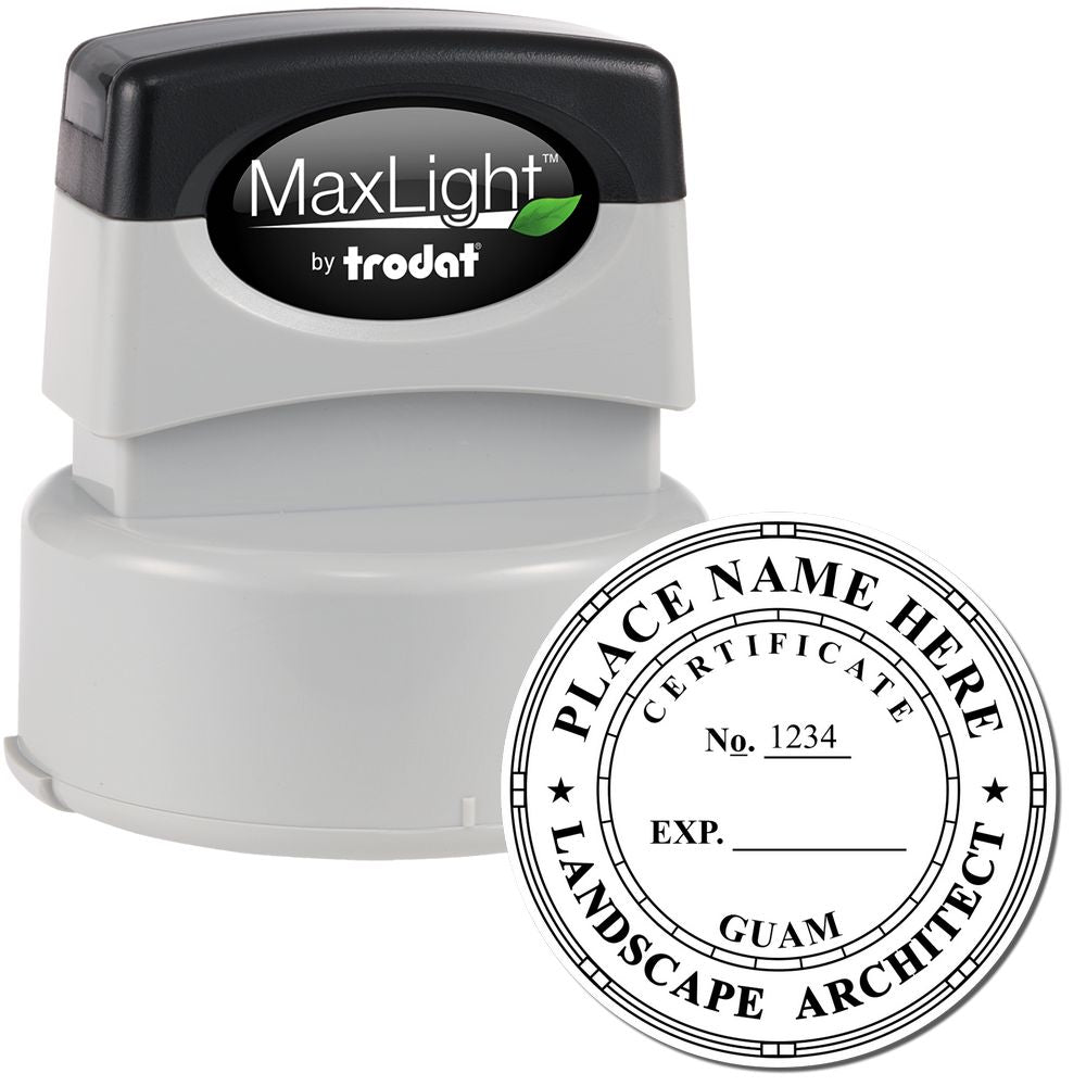 The main image for the Premium MaxLight Pre-Inked Guam Landscape Architectural Stamp depicting a sample of the imprint and electronic files