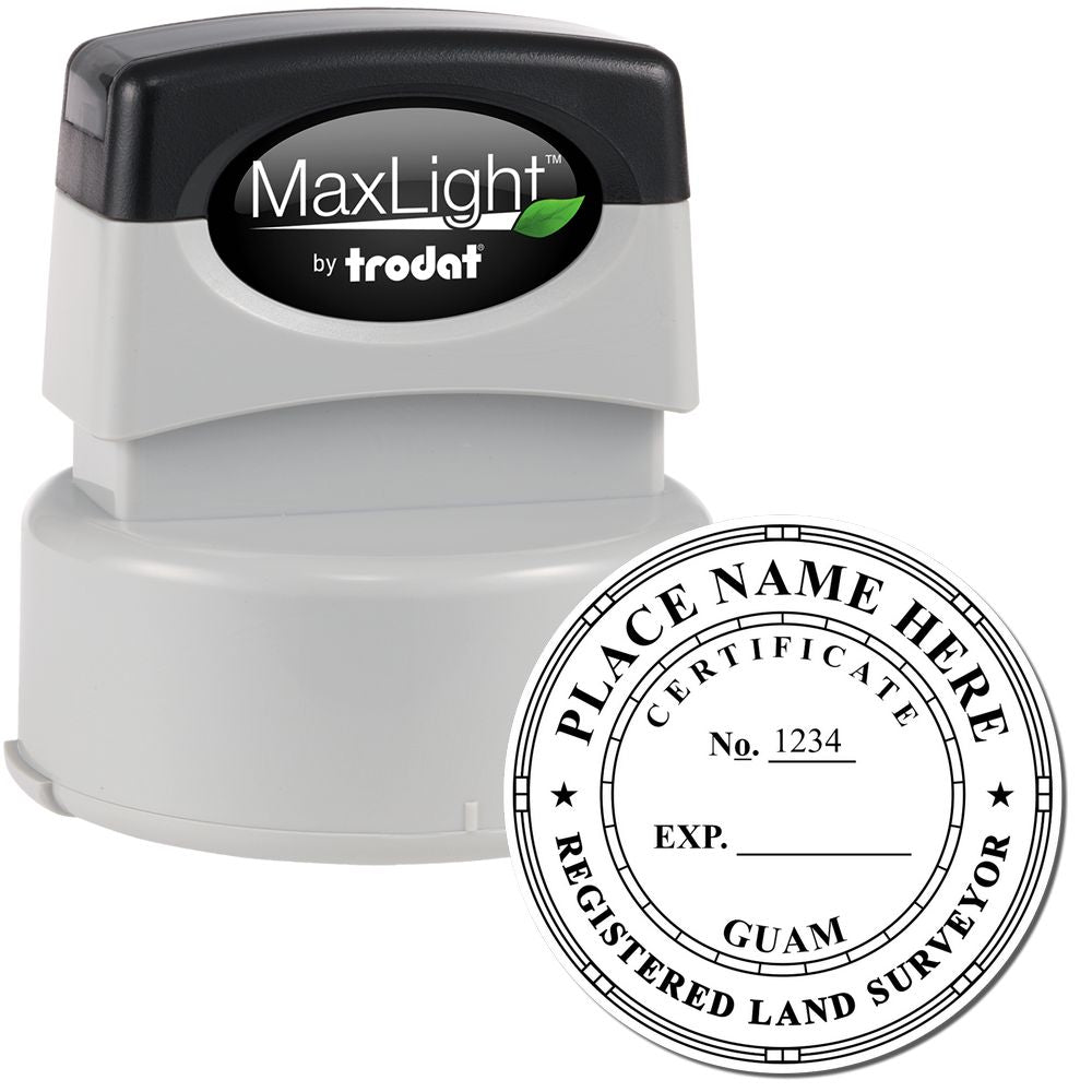 Premium MaxLight Pre-Inked Guam Surveyors Stamp with black handle and sample impression showing certification details for registered land surveyors.