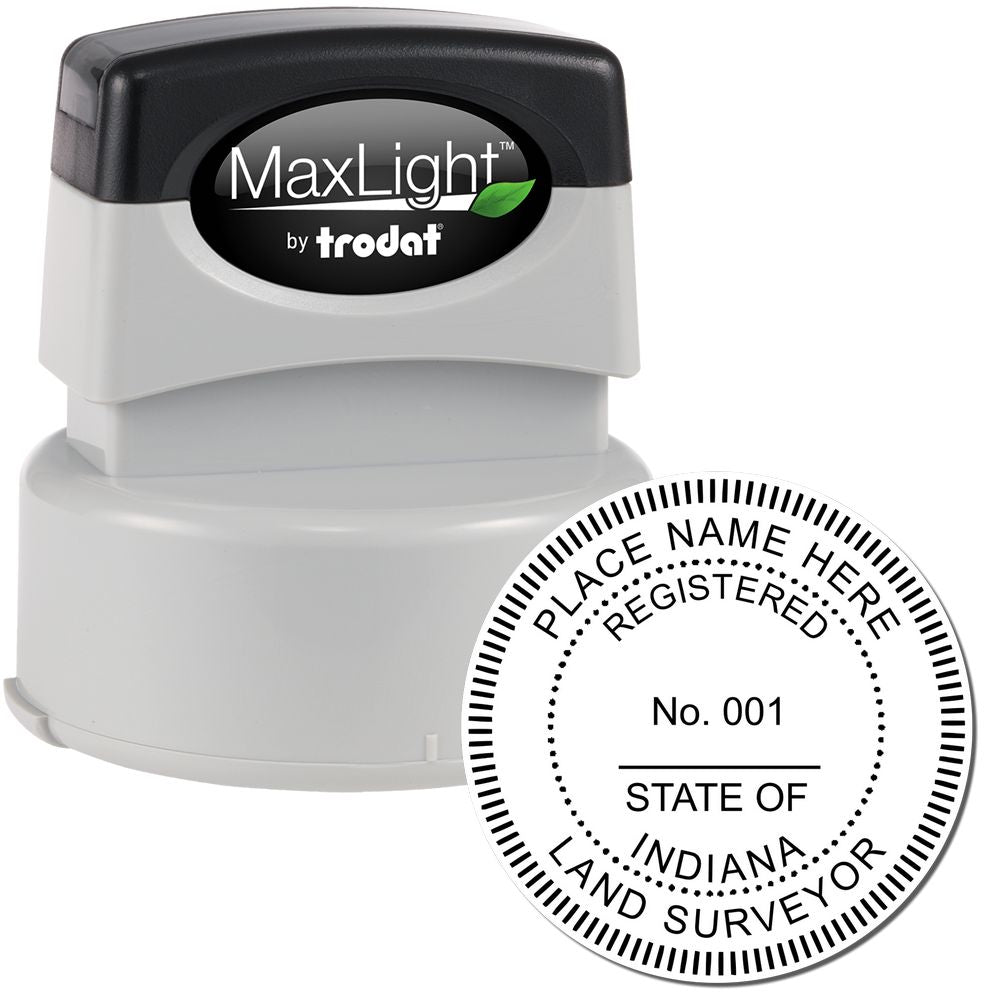 Image of the Premium MaxLight Pre-Inked Indiana Surveyors Stamp, featuring a round imprint with customizable text for registered land surveyors.