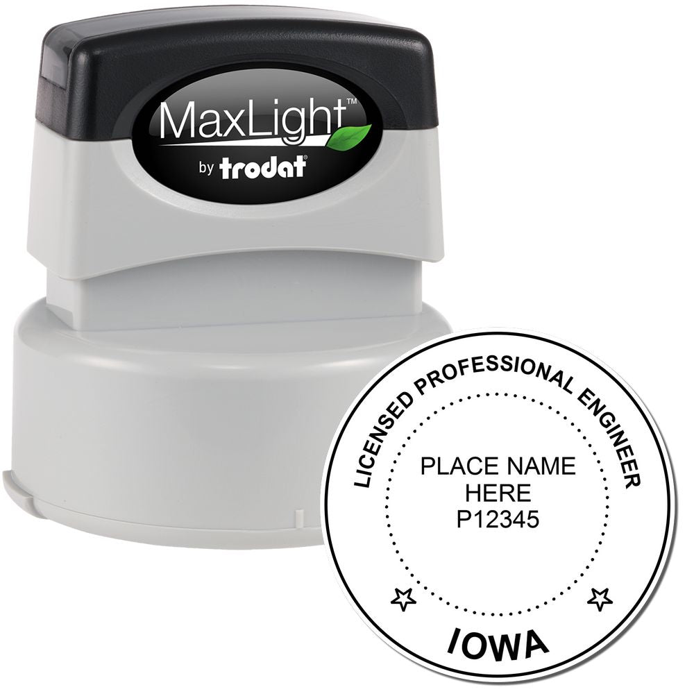The main image for the Premium MaxLight Pre-Inked Iowa Engineering Stamp depicting a sample of the imprint and electronic files
