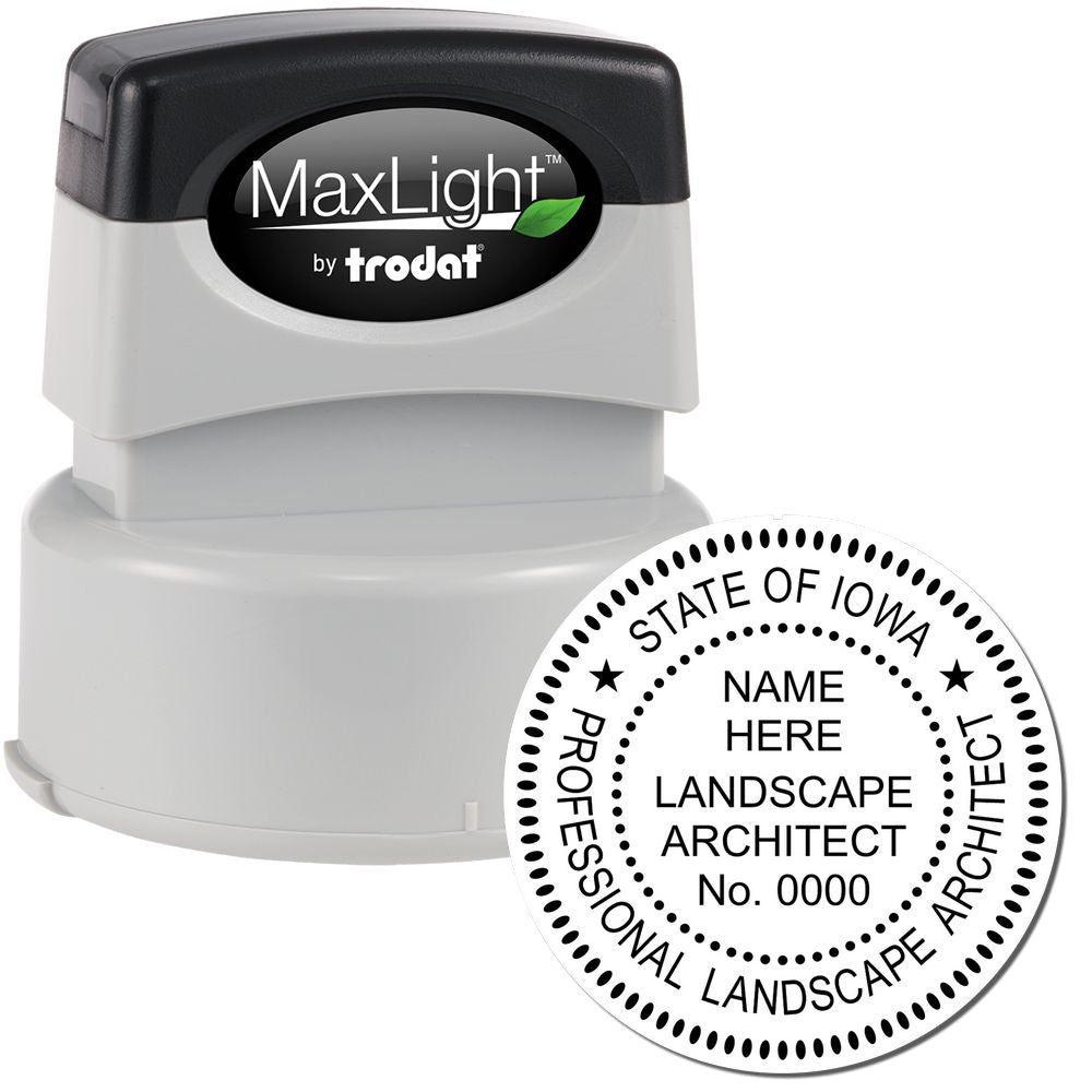 The main image for the Premium MaxLight Pre-Inked Iowa Landscape Architectural Stamp depicting a sample of the imprint and electronic files