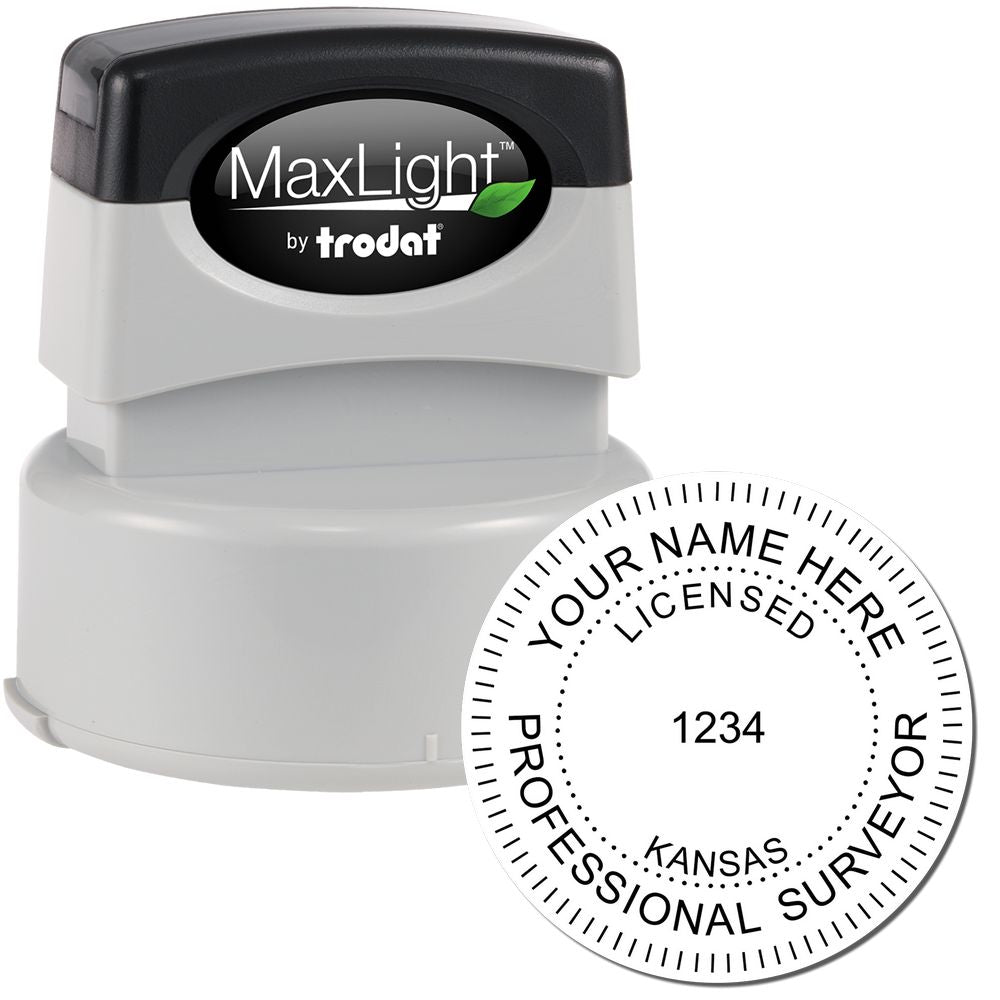 Premium MaxLight Pre-Inked Kansas Surveyors Stamp with a round imprint showing customizable text for licensed professional surveyors.