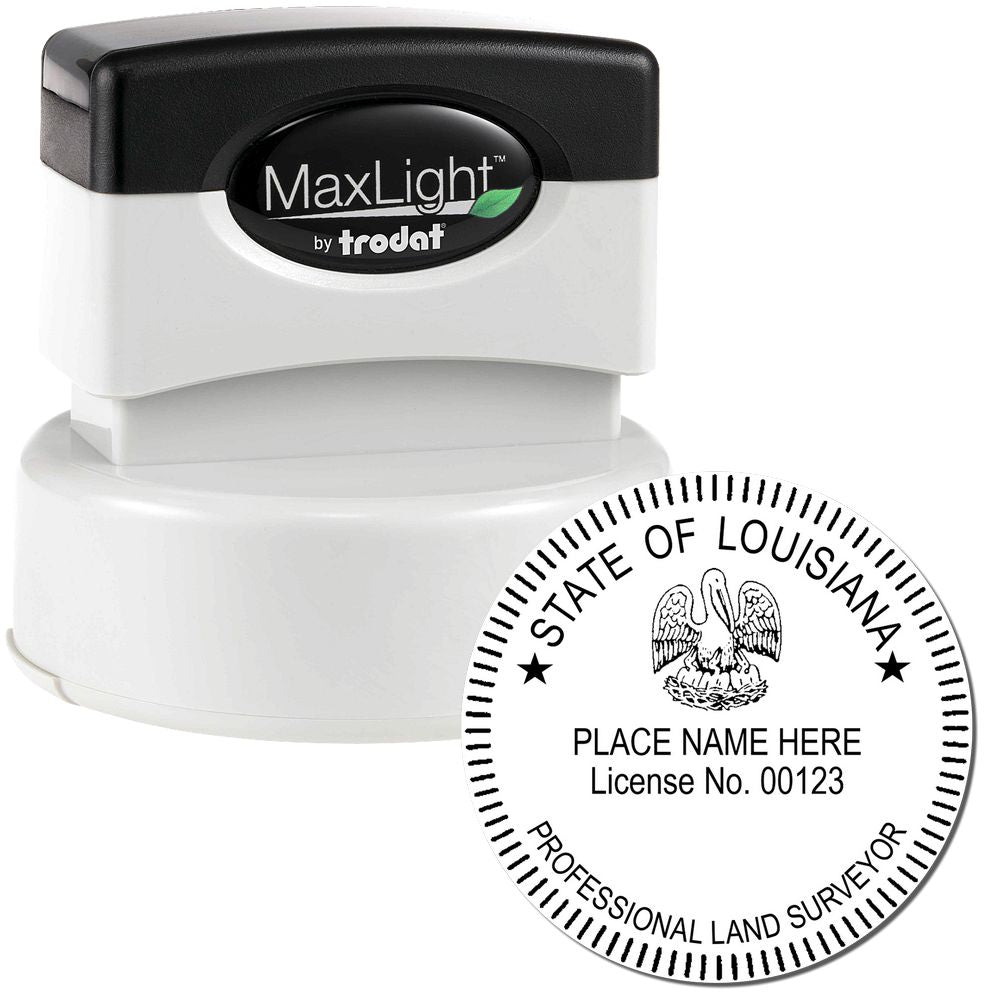 Premium MaxLight Pre-Inked Louisiana Surveyors Stamp with black handle and round imprint showing state seal and customizable text.