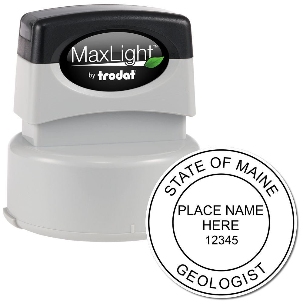 The main image for the Premium MaxLight Pre-Inked Maine Geology Stamp depicting a sample of the imprint and imprint sample