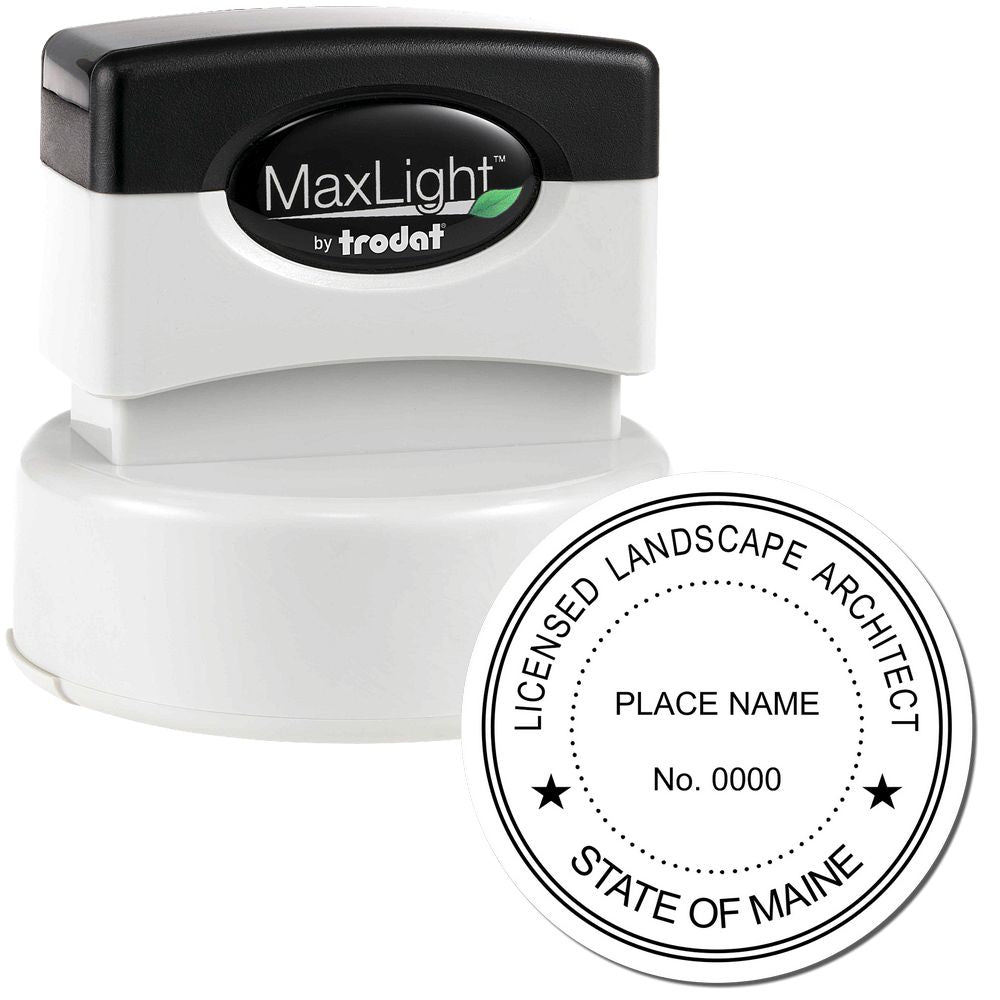 The main image for the Premium MaxLight Pre-Inked Maine Landscape Architectural Stamp depicting a sample of the imprint and electronic files