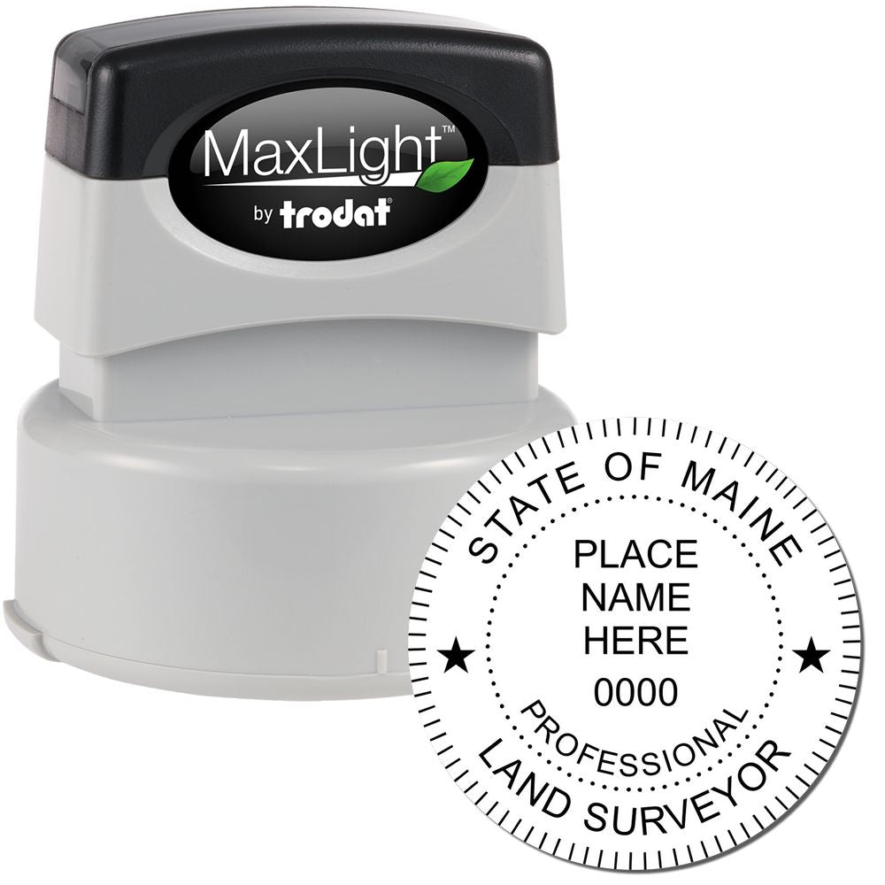 Premium MaxLight Pre-Inked Maine Surveyors Stamp with a black and gray design, featuring customizable text for professional land surveyors.