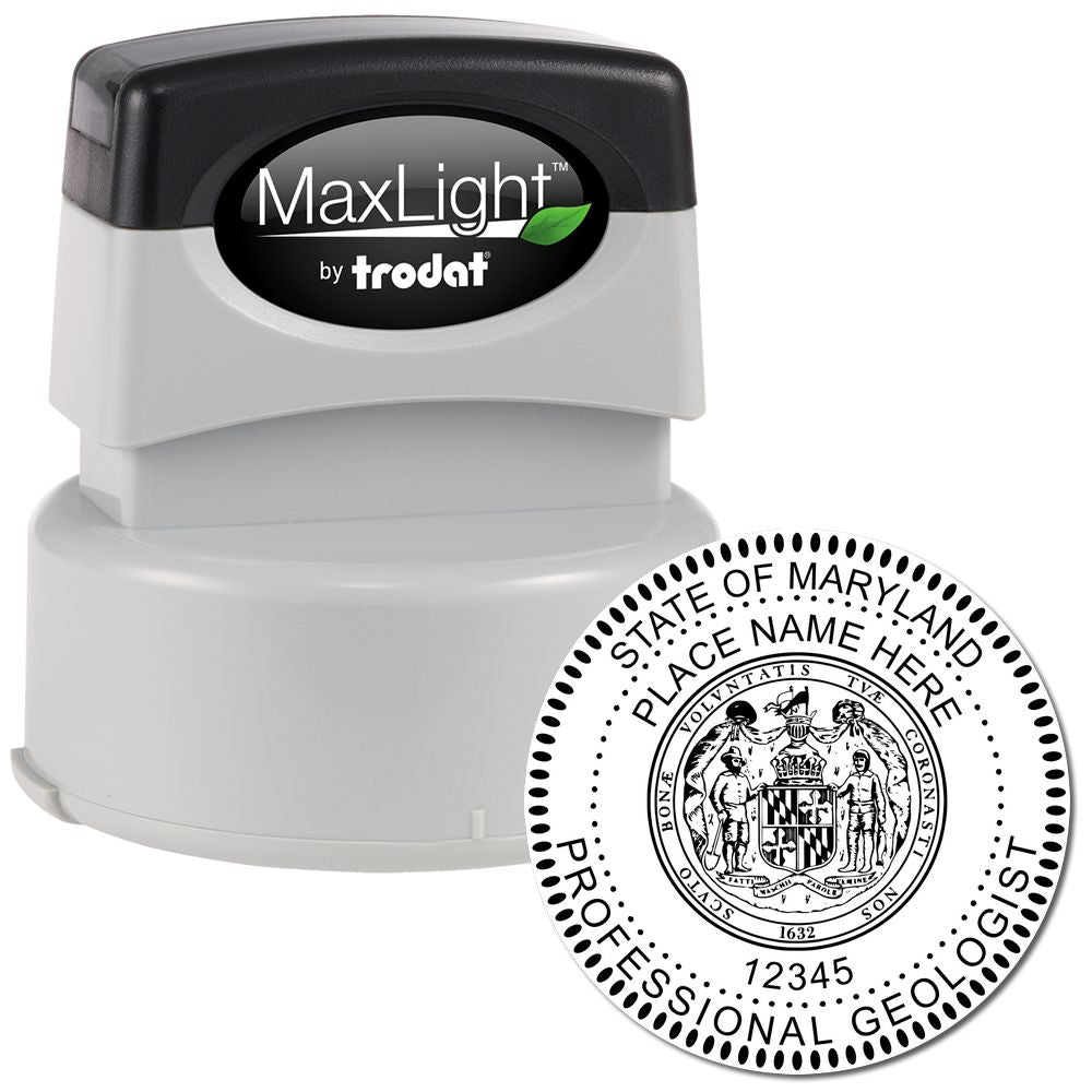 The main image for the Premium MaxLight Pre-Inked Maryland Geology Stamp depicting a sample of the imprint and imprint sample