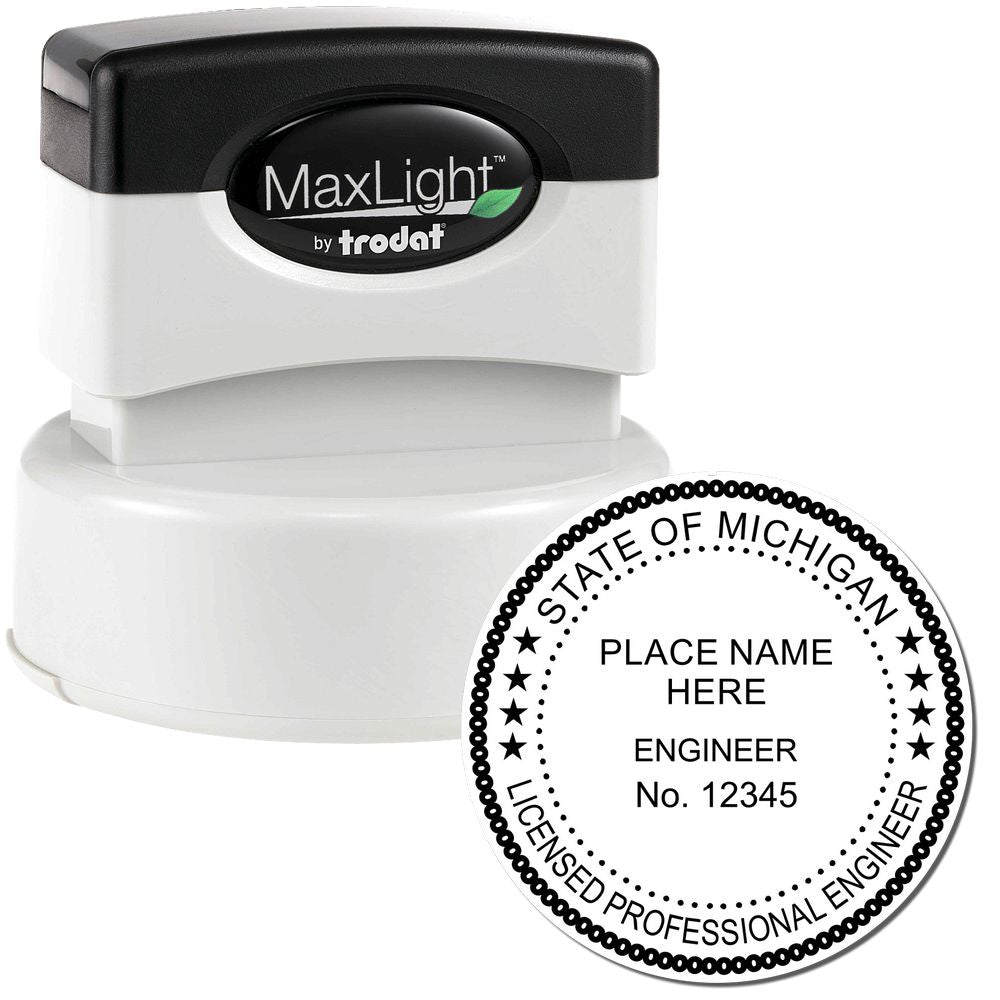 The main image for the Premium MaxLight Pre-Inked Michigan Engineering Stamp depicting a sample of the imprint and electronic files
